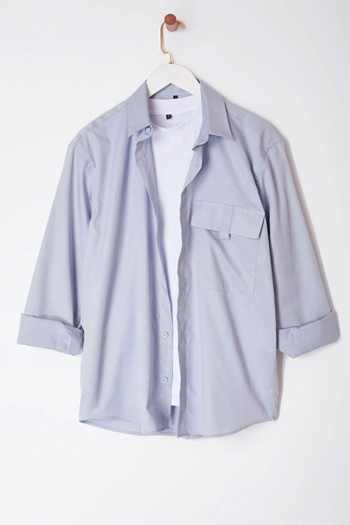 Şık Düz Desen Gömlek Yaka Limited Edition Oversize Fit Cep Detaylı %100 Pamuk Gömlek
