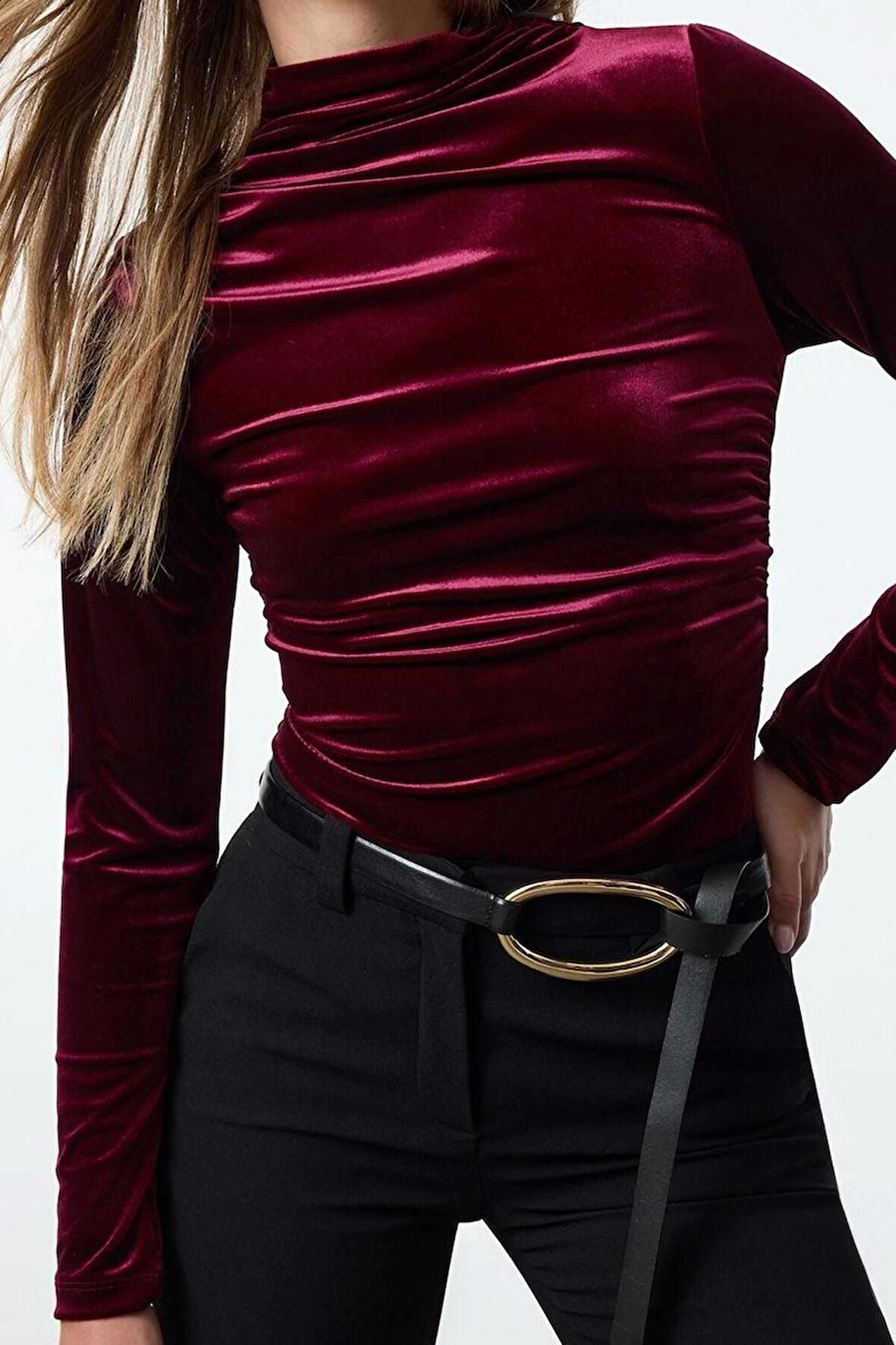 Stil Kadın Kadife Drapeli Fitted Vücuda Oturan Boy Bluz Regular Örme Slim Kalıp