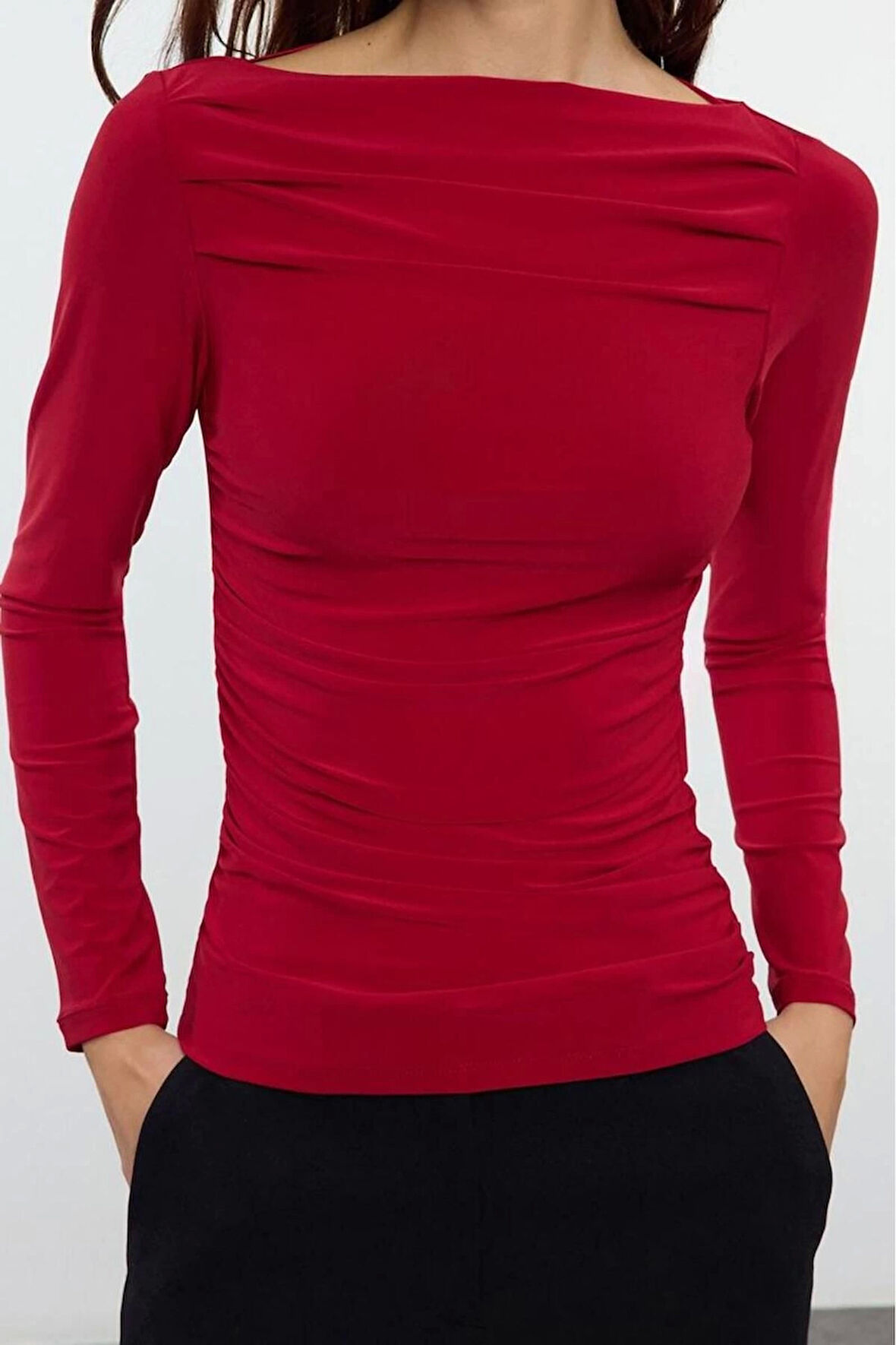 Stil Kadın Drapeli Vücuda Oturan Esnek Bluz Regular Örme Slim Kalıp