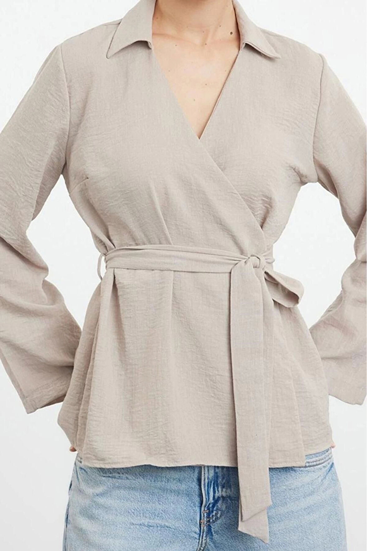 Stil Kadın Kruvaze Bağlama Detaylı Bluz Regular Dokuma Regular Kalıp