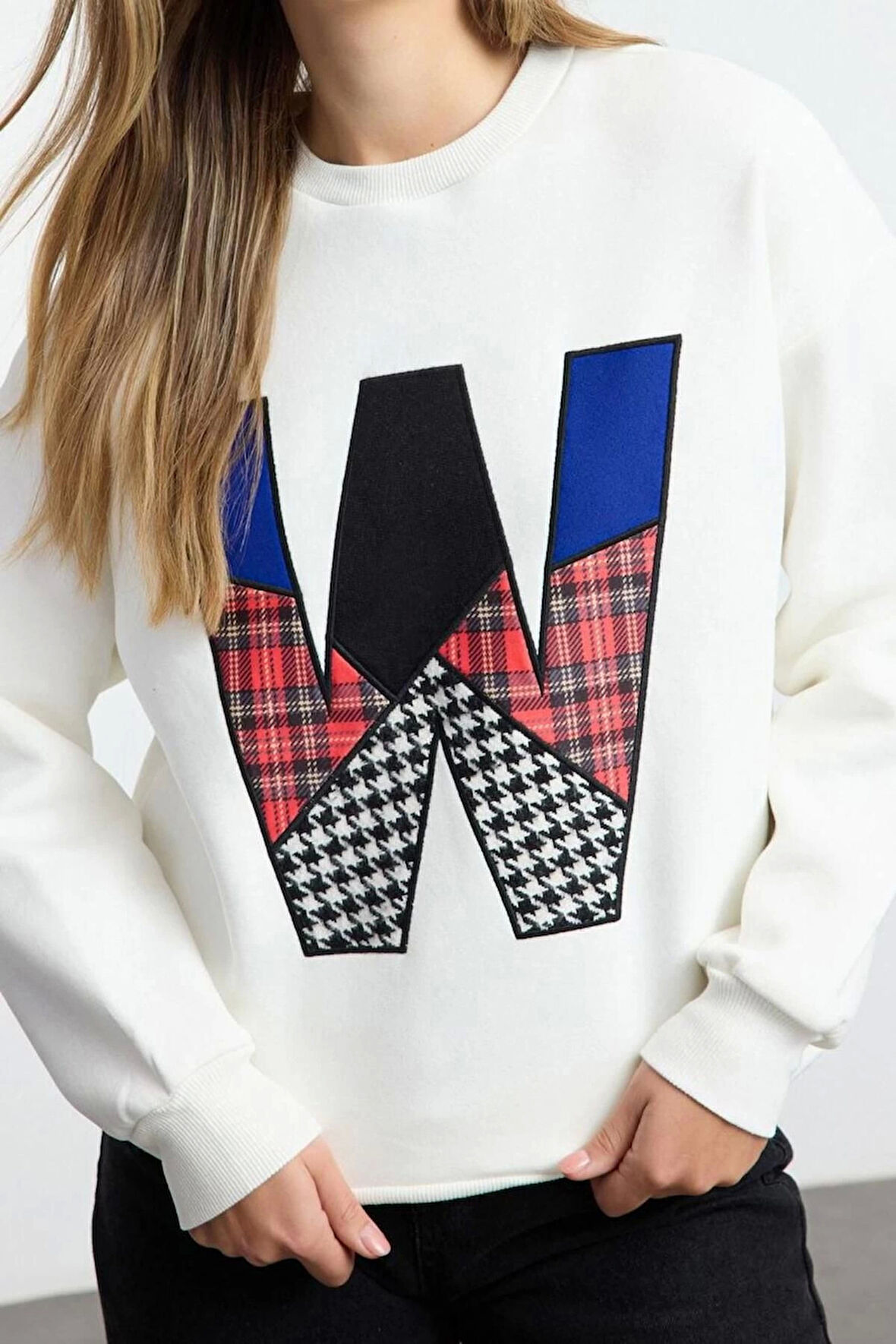 Bol Bisiklet Yaka Düşük Kol Uzun Kalın İçi Polarlı Slogan Patch Geniş Kesim Örme Sweatshirt