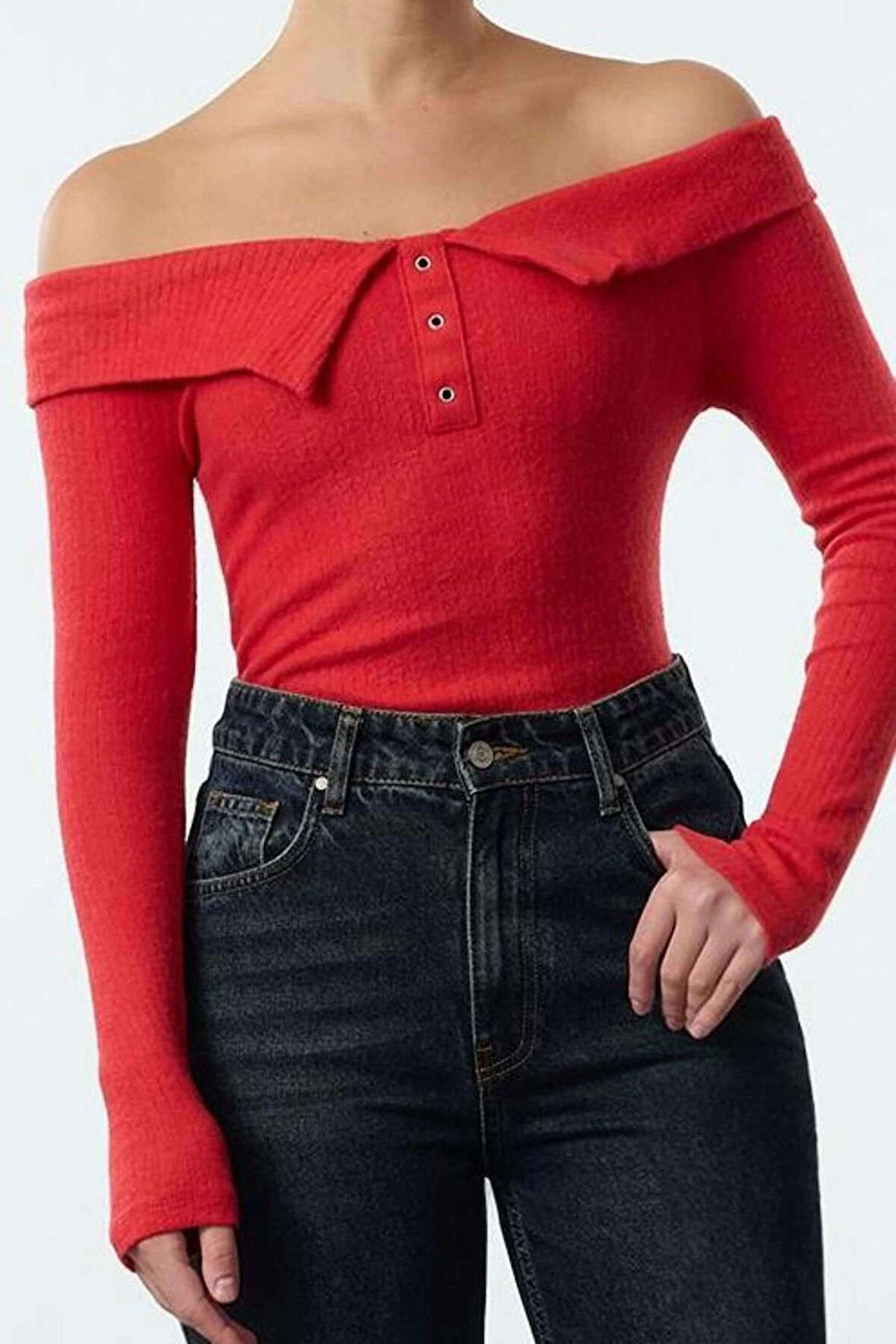 Stil Kadın Fitted Vücuda Oturan Çıtçıtlı Yaka Detaylı Fitilli Esnek Bluz Regular Slim Kalıp