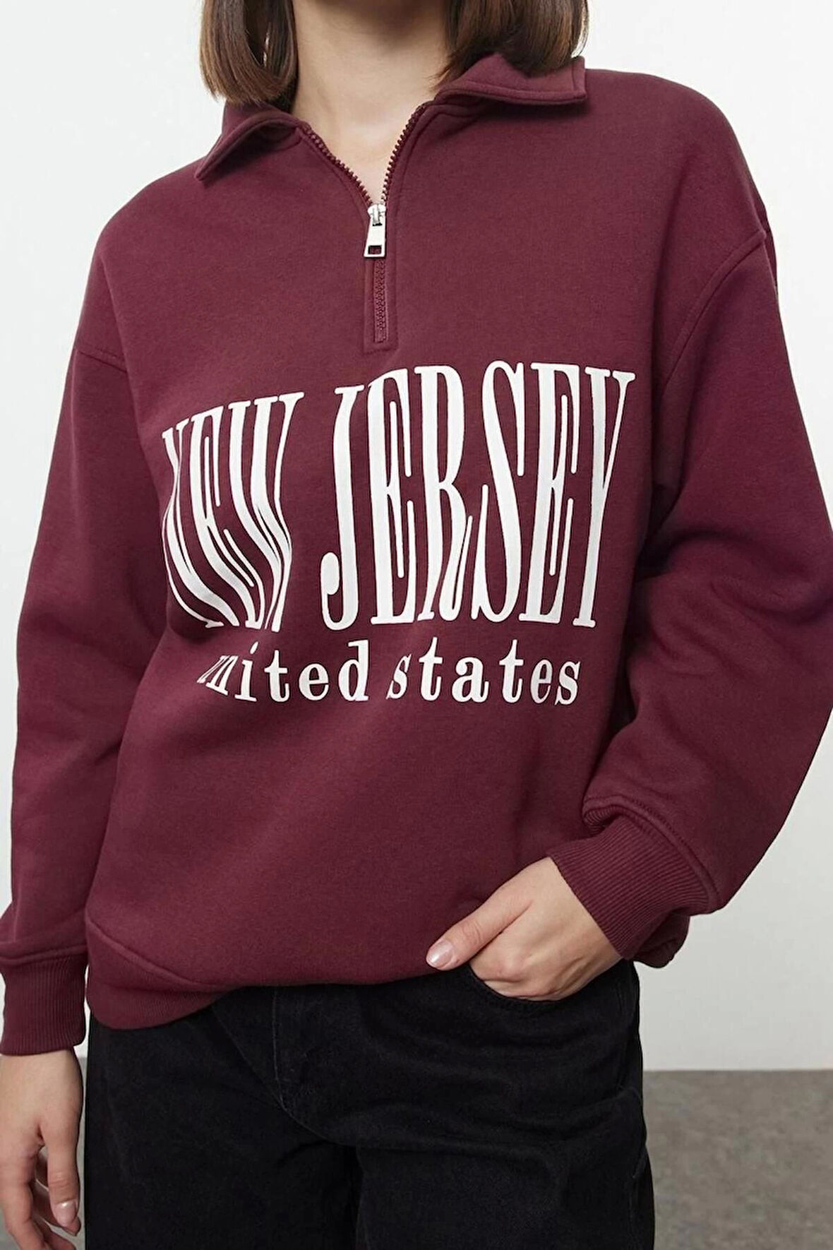 Oversize Fermuarlı Yaka Uzun Kalıp Kalın Polarlı Slogan Baskılı Fermuarlı Örme Sweatshirt