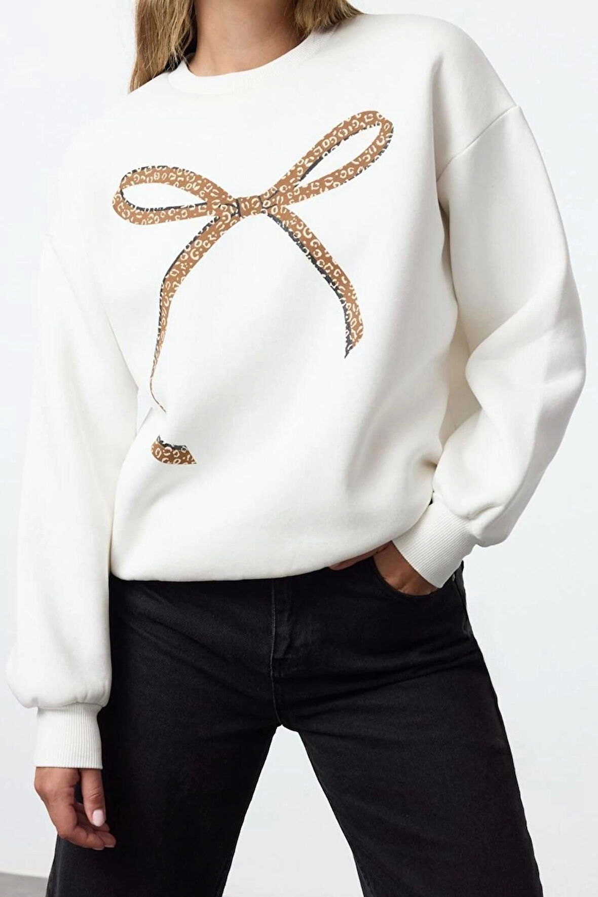 Tarz Bol Bisiklet Yaka Düşük Kol Uzun Baskılı Geniş Kalıp Kalın İçi Polarlı Örme Sweatshirt