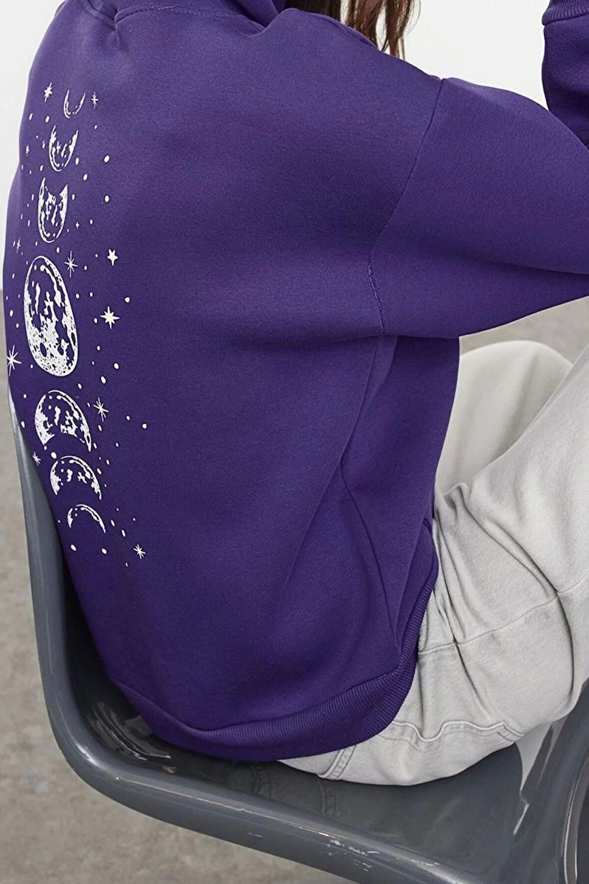 Tarz Bol Kapüşonlu Düşük Kol Uzun Baskılı Geniş Kalıp Kalın içi Polarlı Örme Sweatshirt