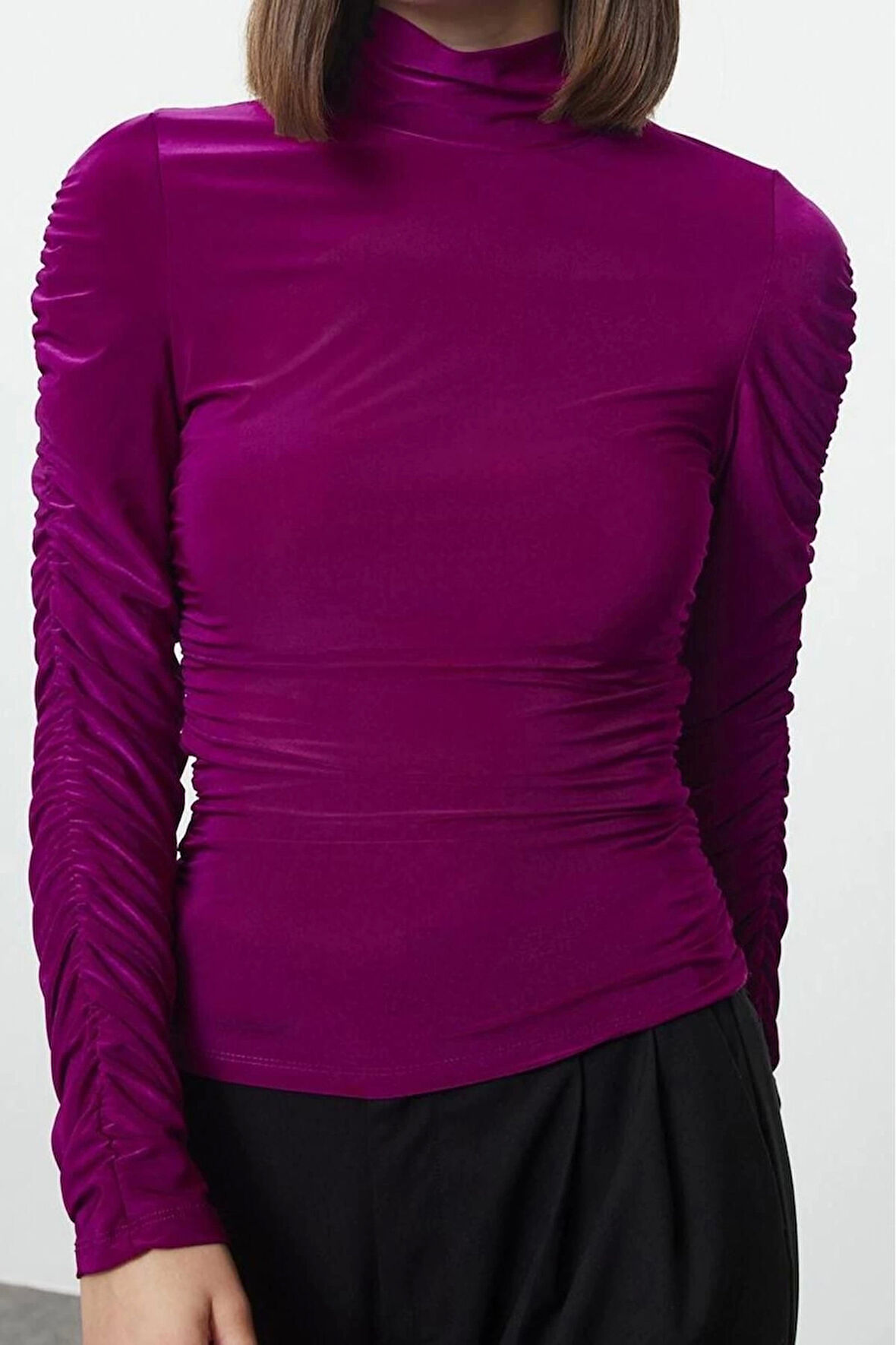 Stil Kadın Büzgü Drape Detaylı Vücuda Oturan Bluz Regular Örme Fitted Kalıp