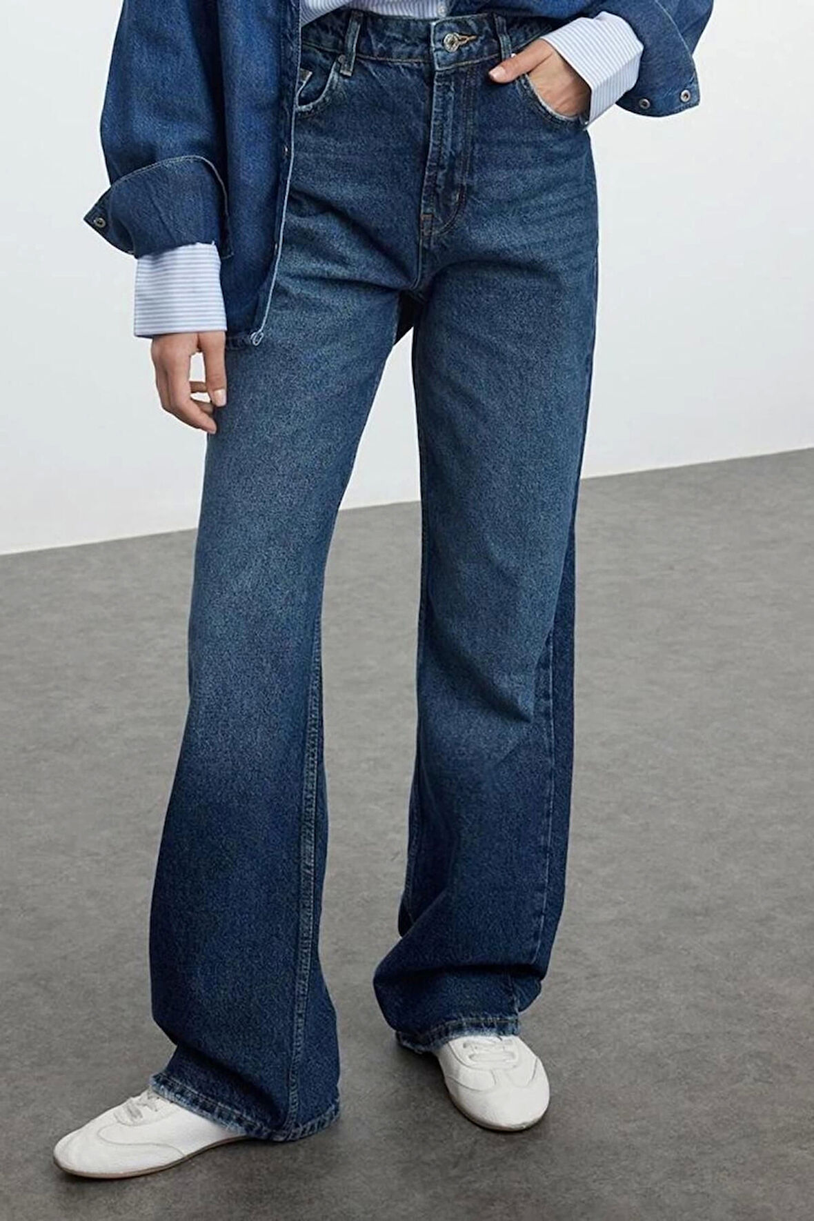 Stil Kadın Moda Denim Kot Pantolon Uzun Geniş Paça Yüksek Bel Jeans