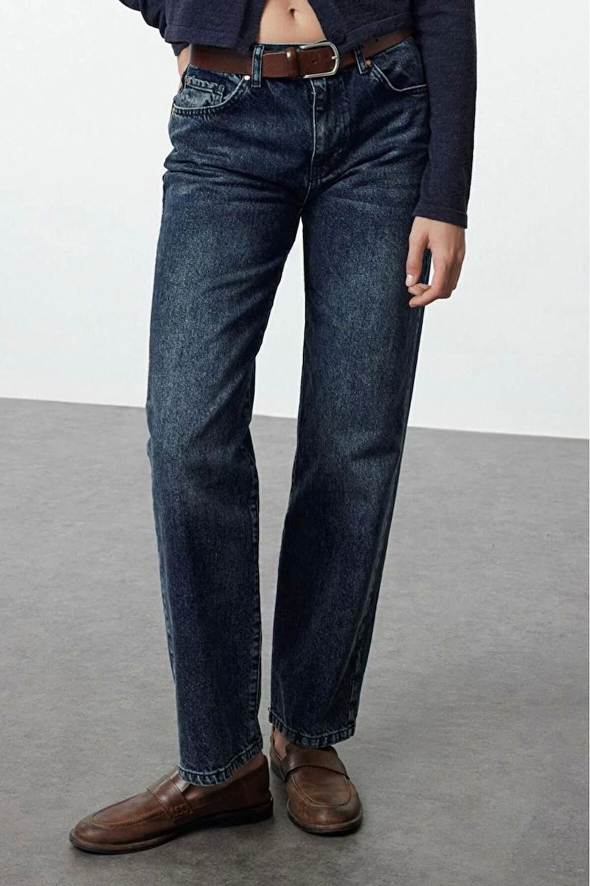 Stil Kadın Moda Denim Kot Pantolon Uzun Boru Paça Gece Mavisi Normal Bel Straight Jeans