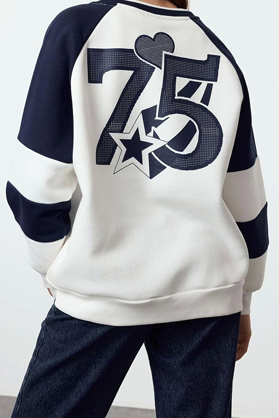 Tarz Bol Bisiklet Yaka Düşük Kol Uzun Ön Arka Baskılı Kalıp Reglan Kol Örme Sweatshirt