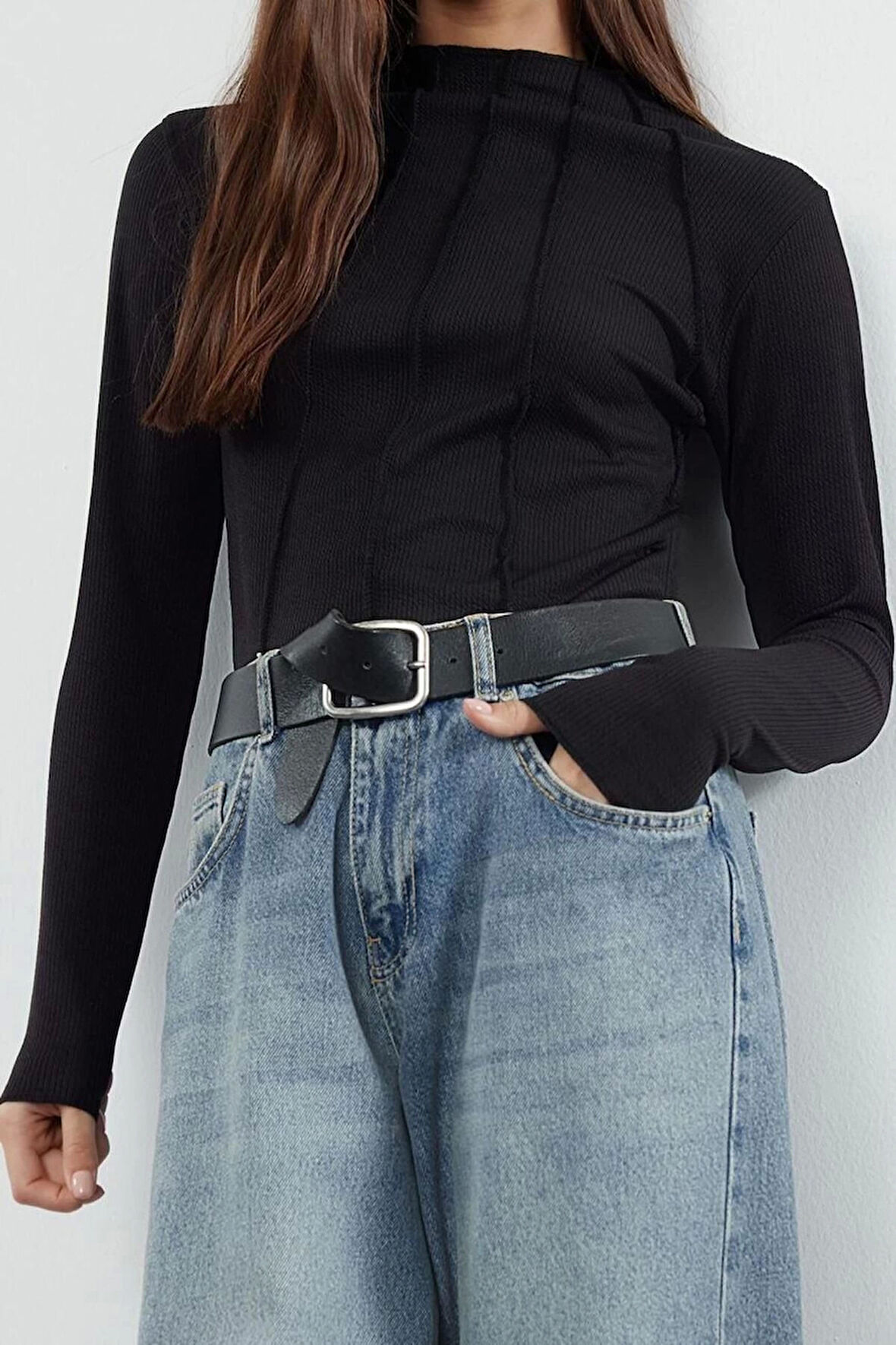 Stil Kadın Fitted Fermuarlı Biye Detaylı Fitilli Esnek Bluz Standart Örme Regular Kalıp Reglan Kol