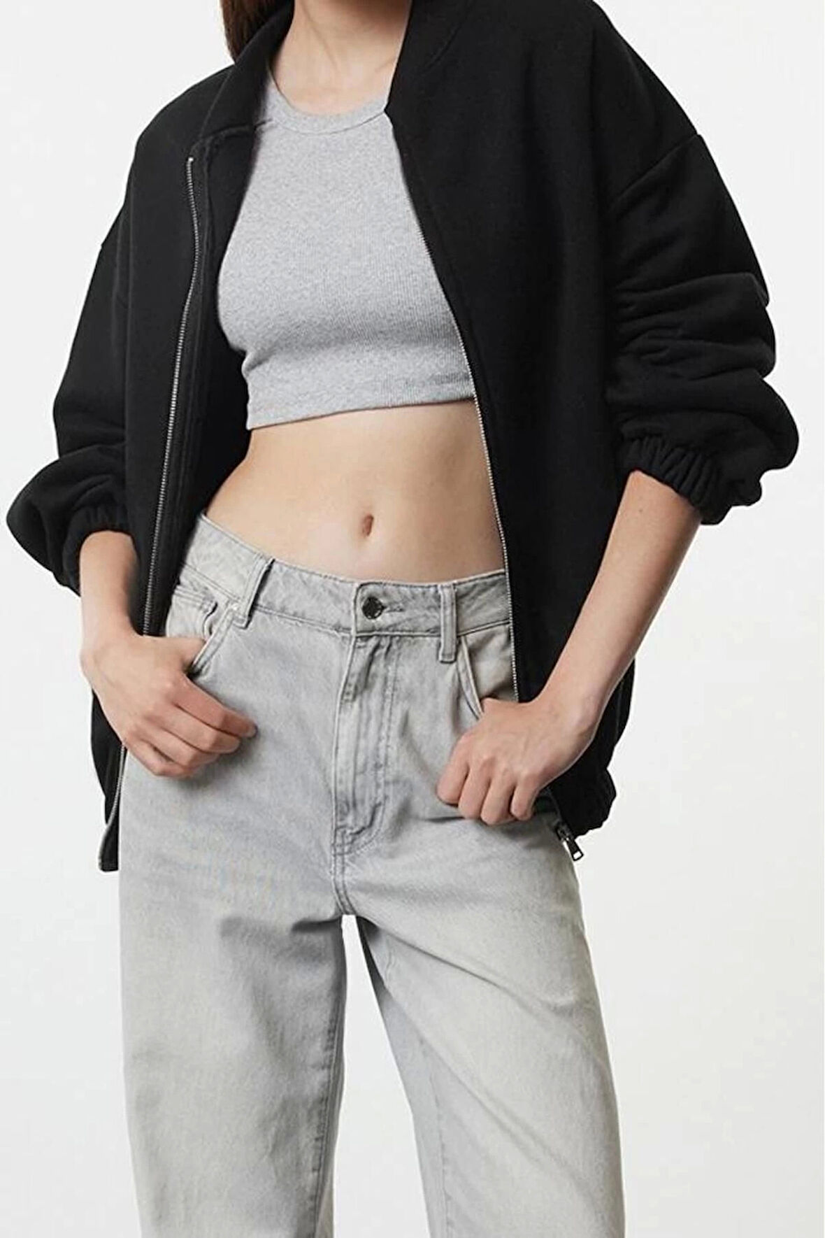 Oversize Bisiklet Yaka Düşük Kol Uzun Fermuarlı Geniş Kalıp Kalın İçi Polarlı Örme Sweatshirt