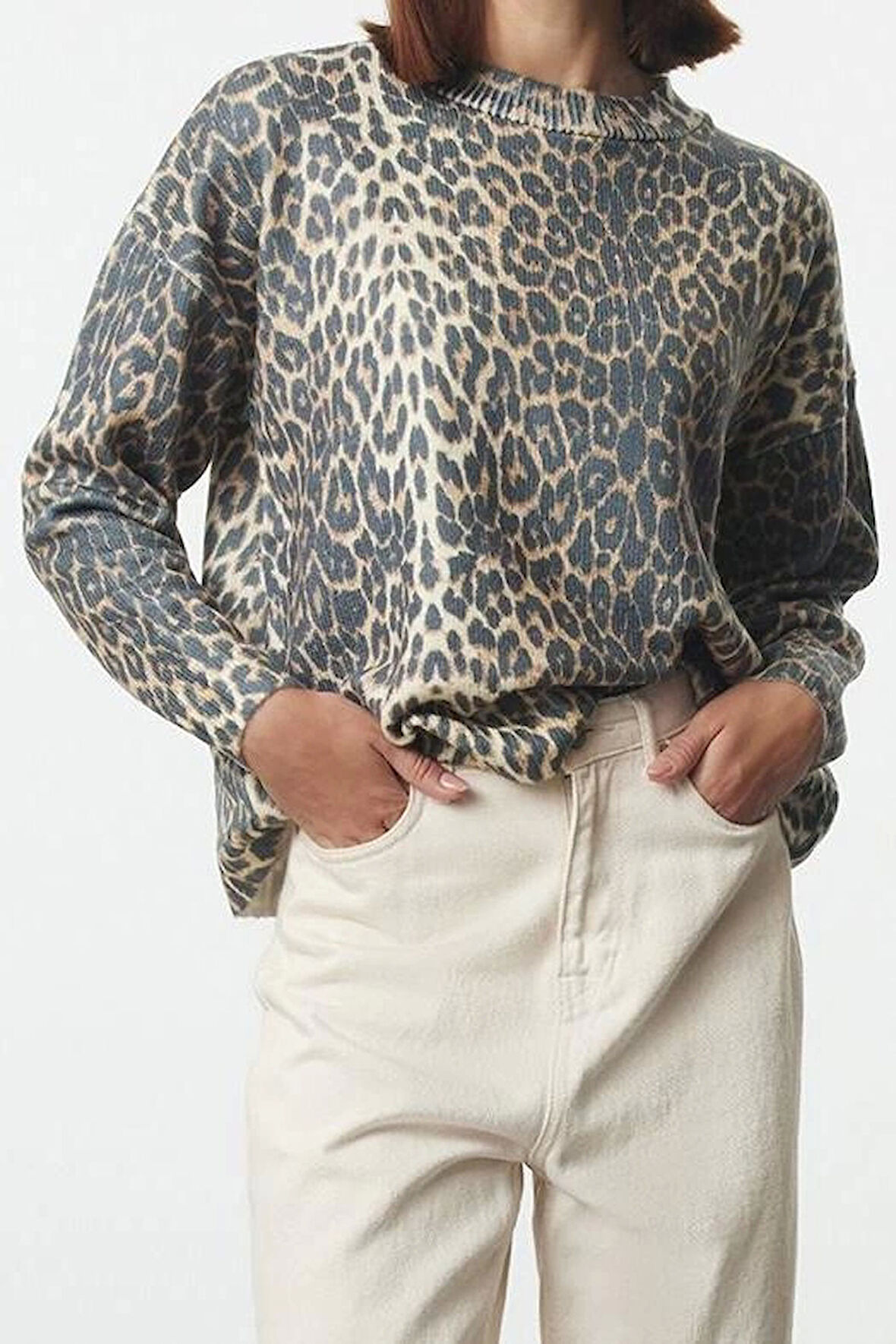 Stil Modern Kadın Regular Standart Kol Bisiklet Yaka Leopar Desen Baskılı Triko Kazak