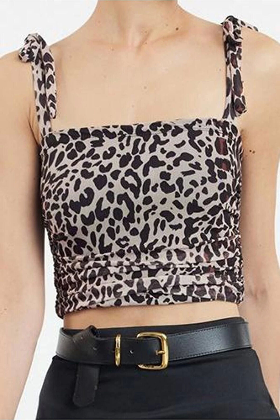 Stil Kadın Animal Leopar Desenli Bağlama Detaylı Esnek Bluz Crop Örme Slim Kalıp