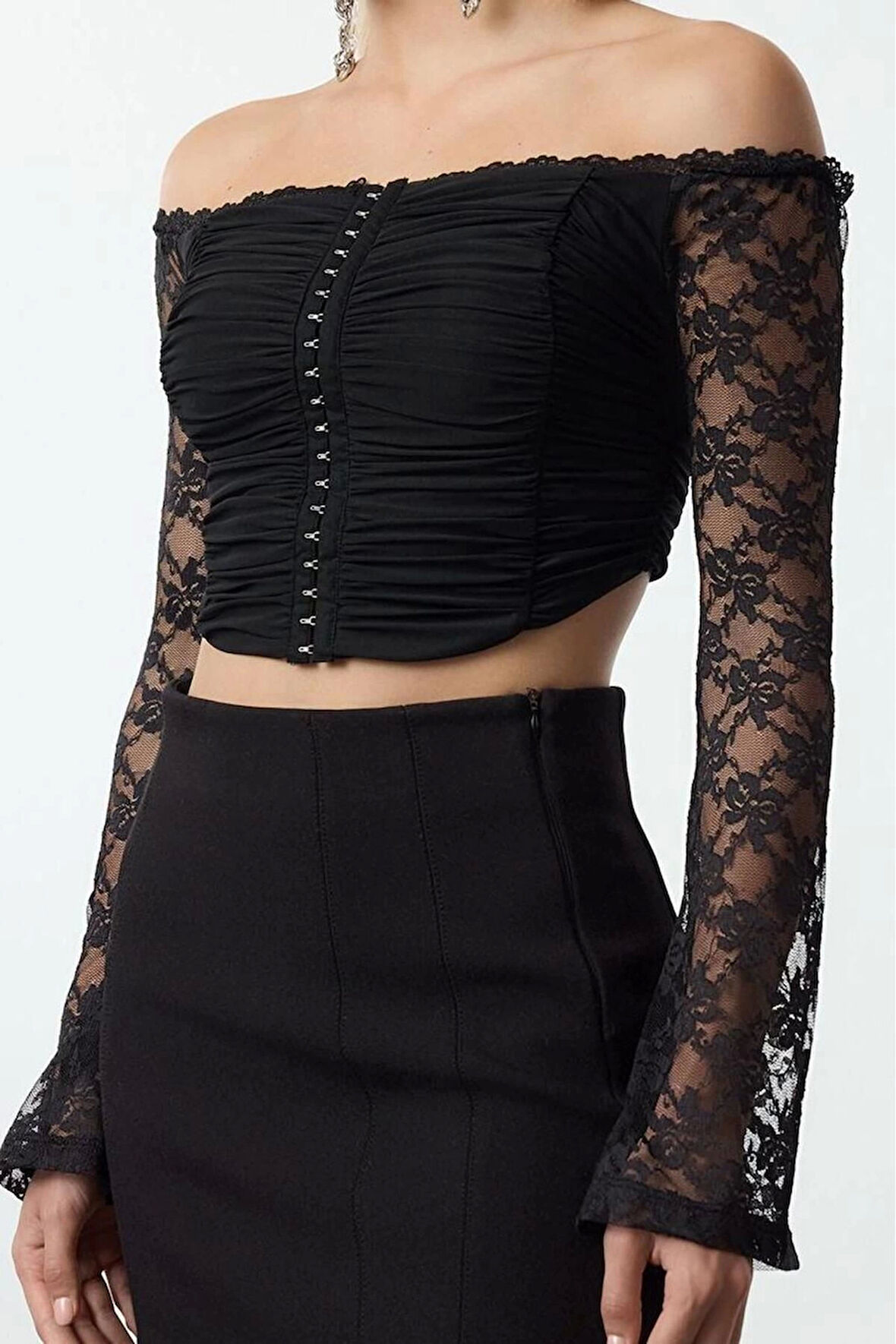 Stil Kadın Agraflı Dantel Bluz Crop Örme Fitted Kalıp