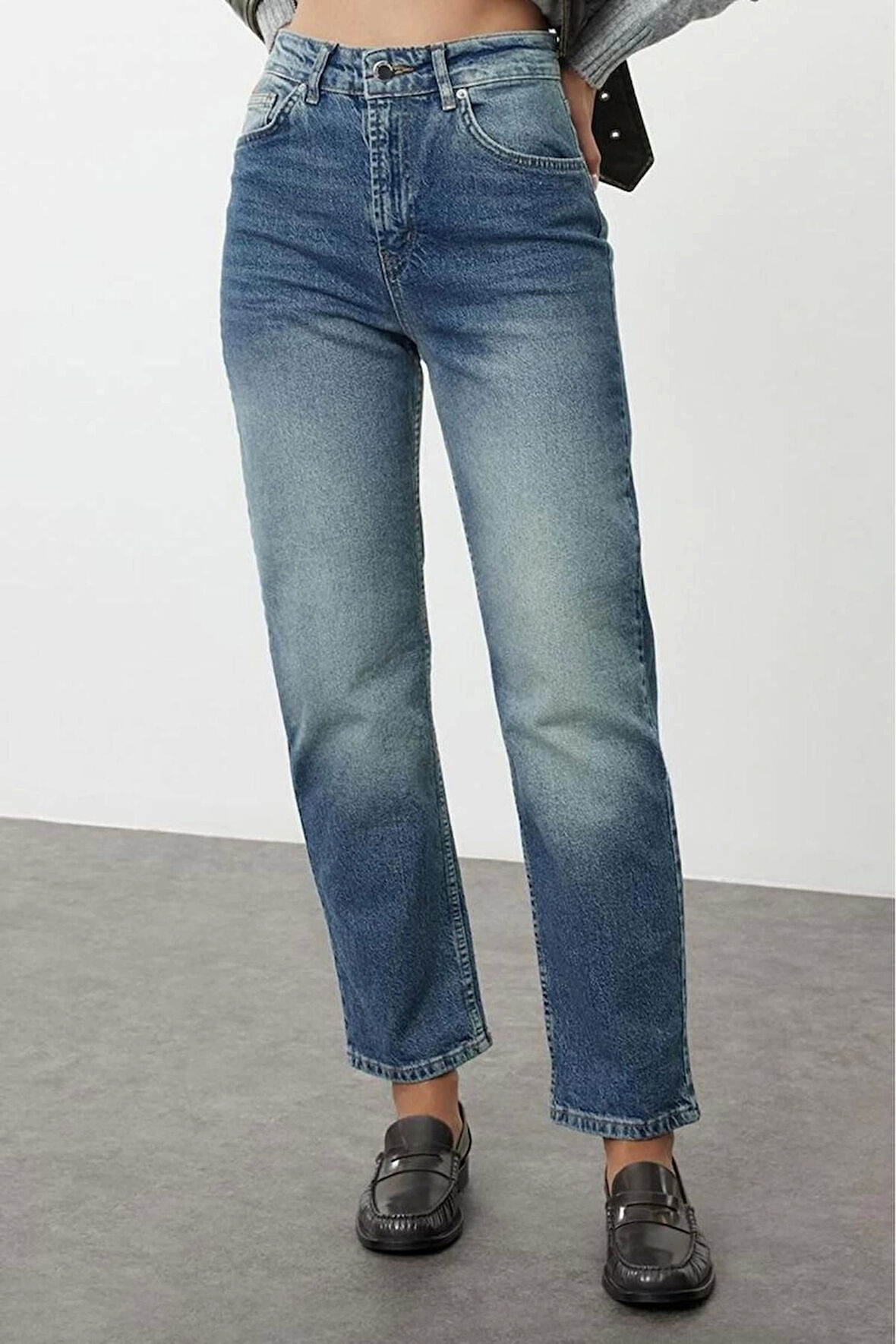 Stil Kadın Moda Denim Kot Pantolon Uzun Boru Paça Mavi Yüksek Bel Straight Jeans