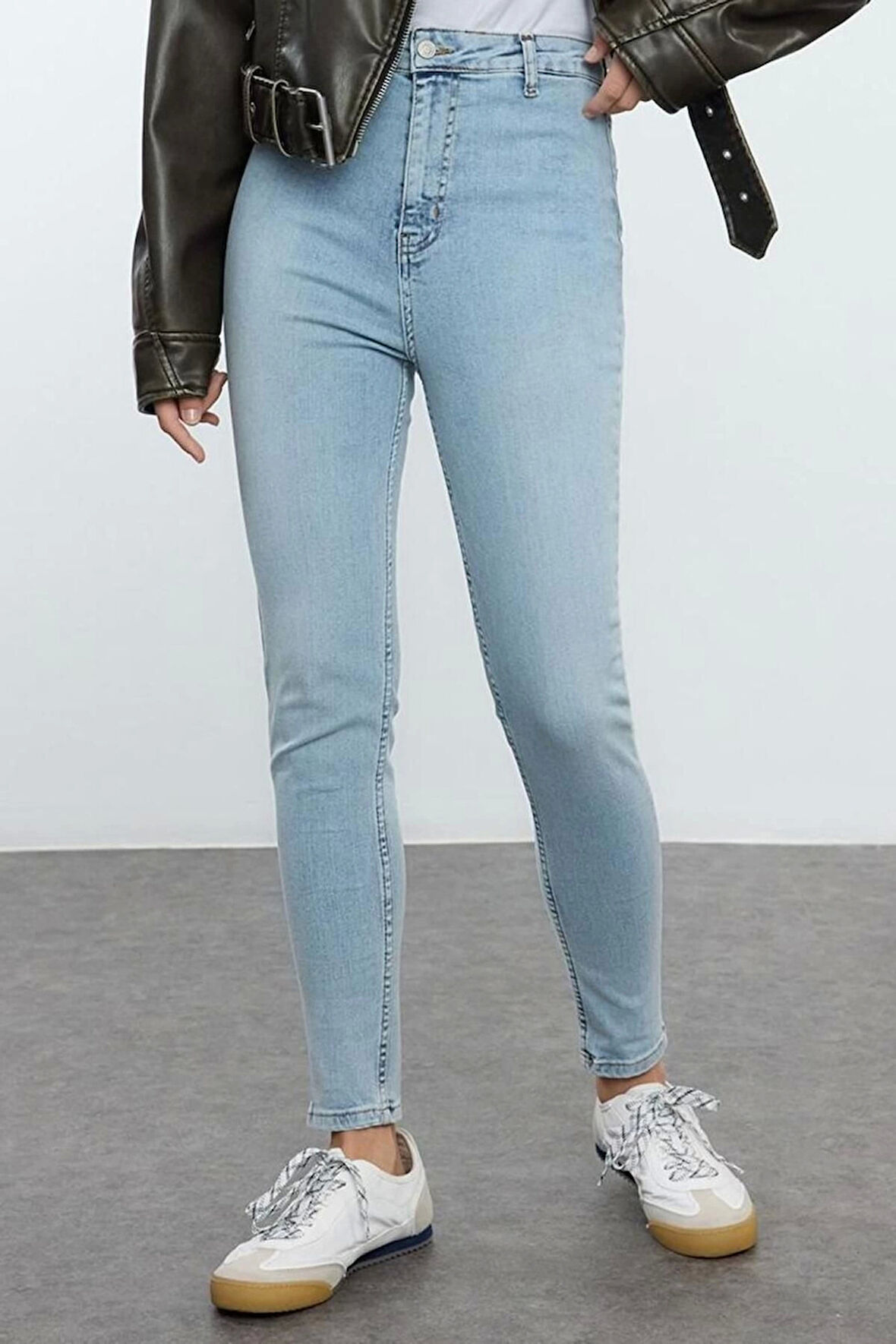 Stil Kadın Moda Denim Kot Pantolon Uzun Boru Paça Mavi Yüksek Bel Skinny Jeans