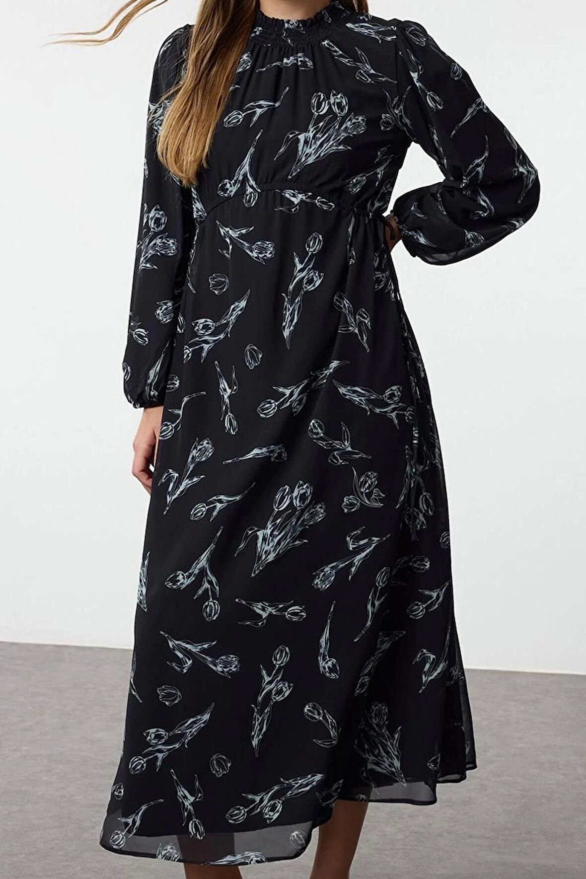 Moda Stil Regular Dik Yaka Maxi Boy Tesettür Şifon Çiçek Desenli Dokuma Elbise