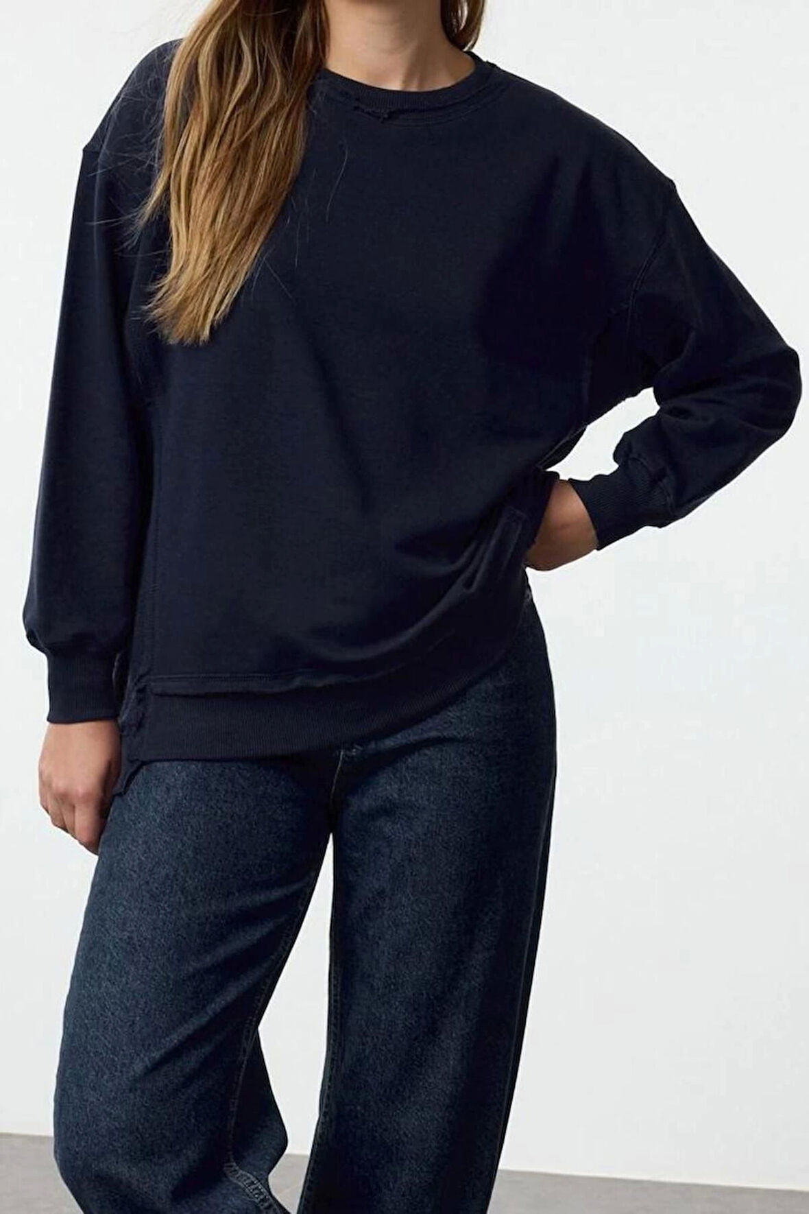 Tarz Bol Bisiklet Yaka Düşük Kol Uzun Kalın İçi Polarlı Geniş Kalıp Örme Sweatshirt