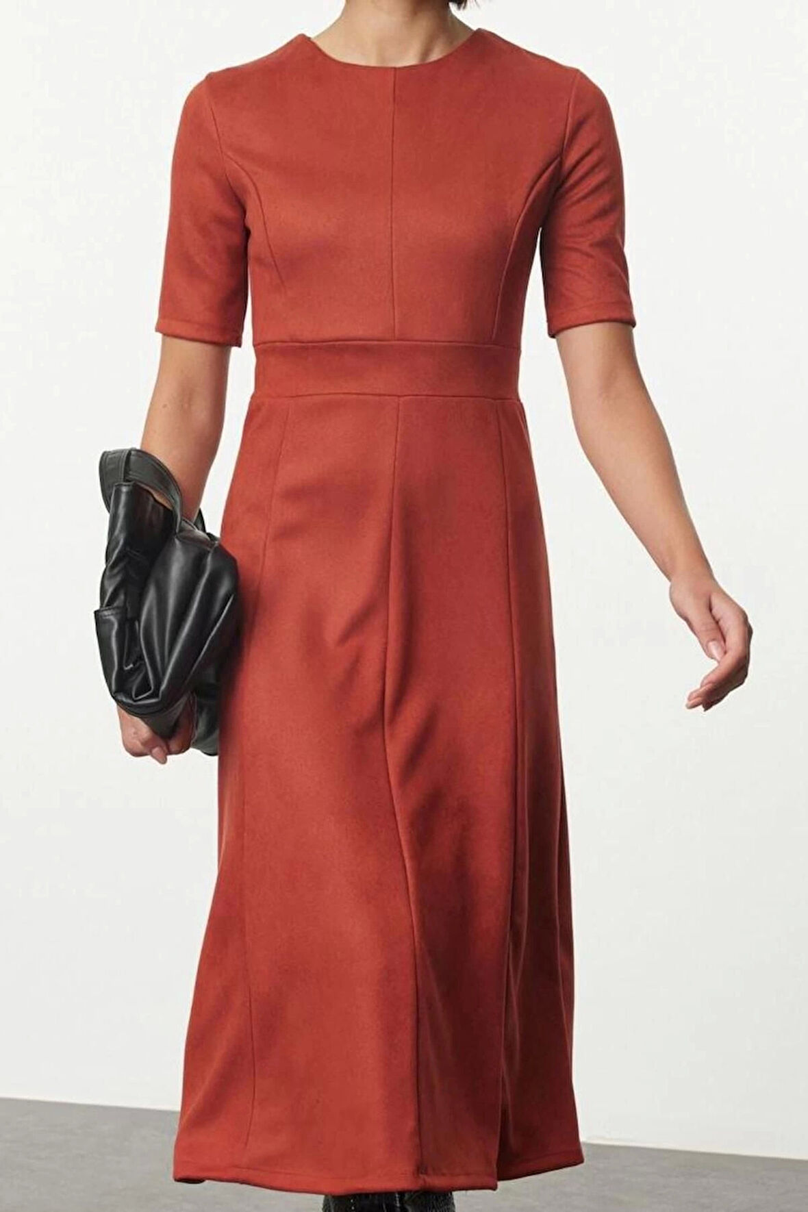 Moda Regular Midi Boy Düz Dikiş Detaylı Truvakar Kol Skater Belden Açılan Örme Süet Elbise