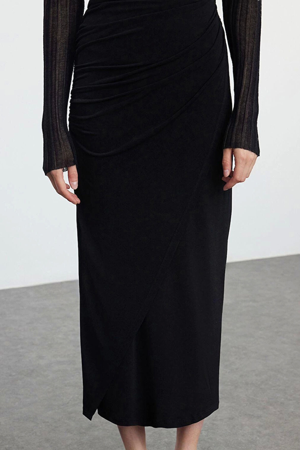 Modern Tarz Astarsız Örme Maxi Boy Büzgü Drape Detaylı Maxi Anvelop Esnek Etek