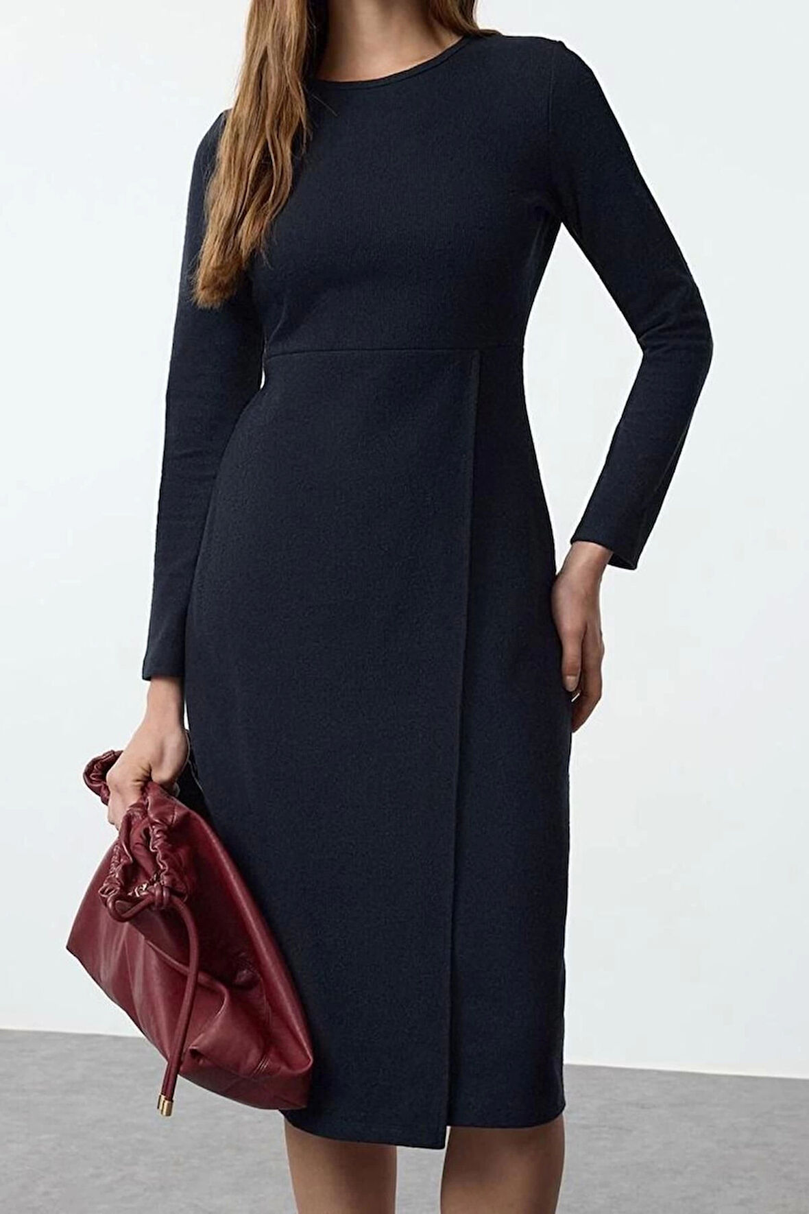 Moda Stil Slim Bisiklet Yaka Midi Boy Düz Selanik Anvelop Esnek Örme Elbise
