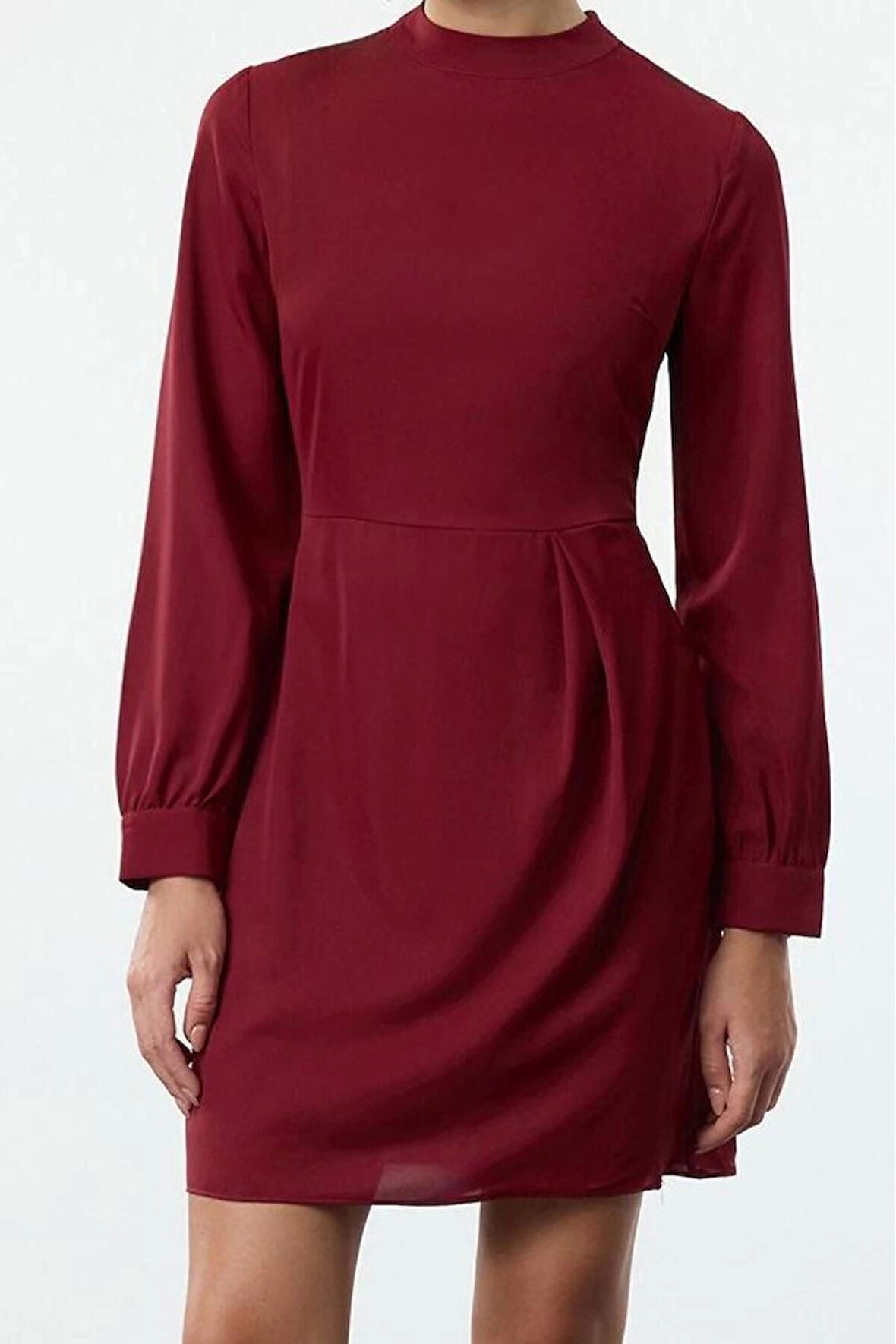 Moda Stil Regular Dik Yaka Mini Boy A Kesim Dokuma Elbise