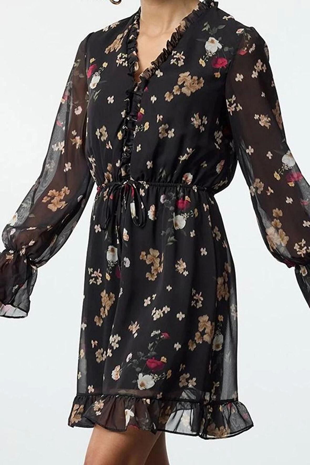 Moda Stil Regular V Yaka Mini Boy Çiçek Desenli Eteği Belden Açılan Astarlı Şifon Dokuma Elbise