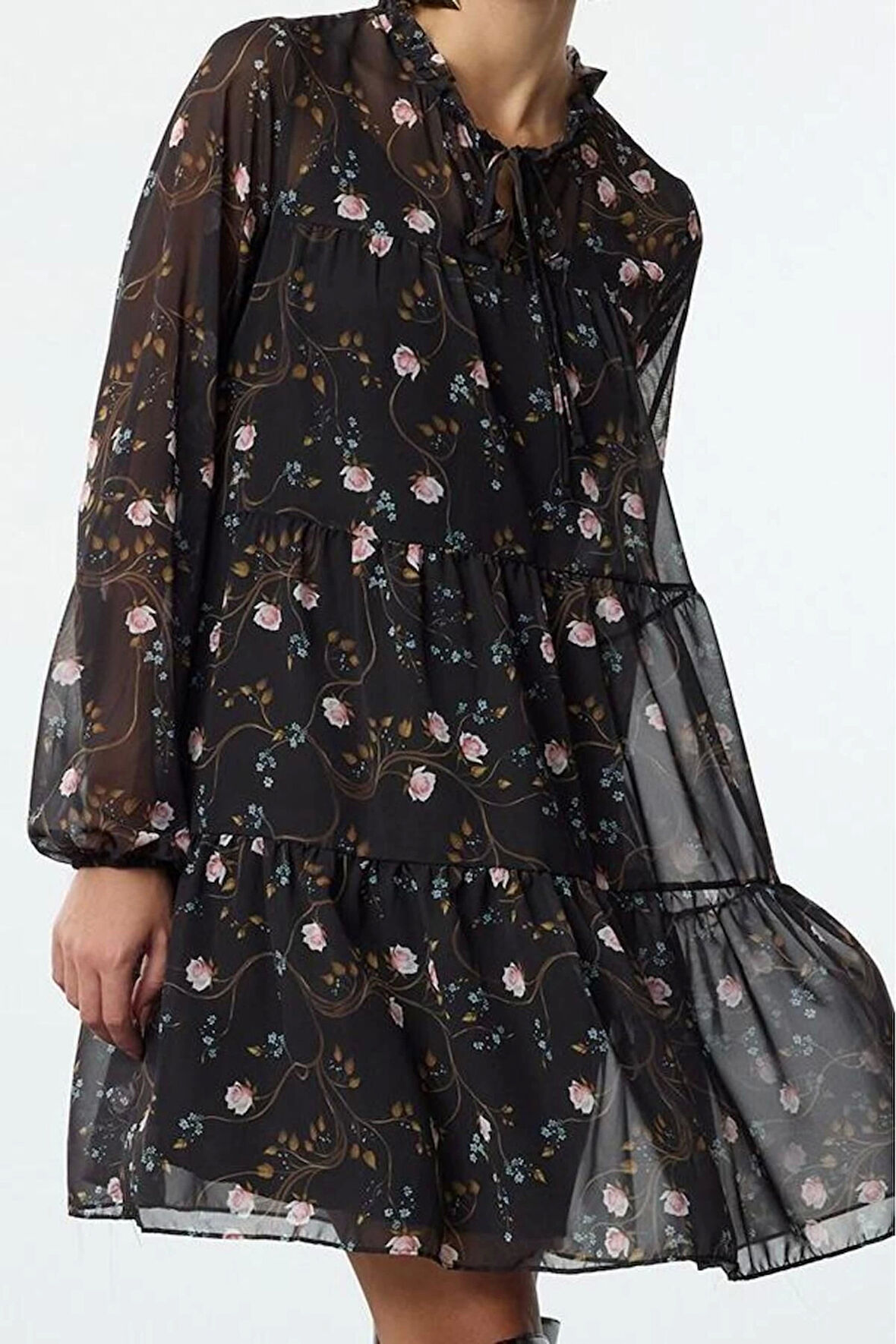 Moda Stil Regular Dik Yaka Mini Boy Şal Desenli Bol Kalıp Astarlı Şifon Dokuma Kışlık Elbise