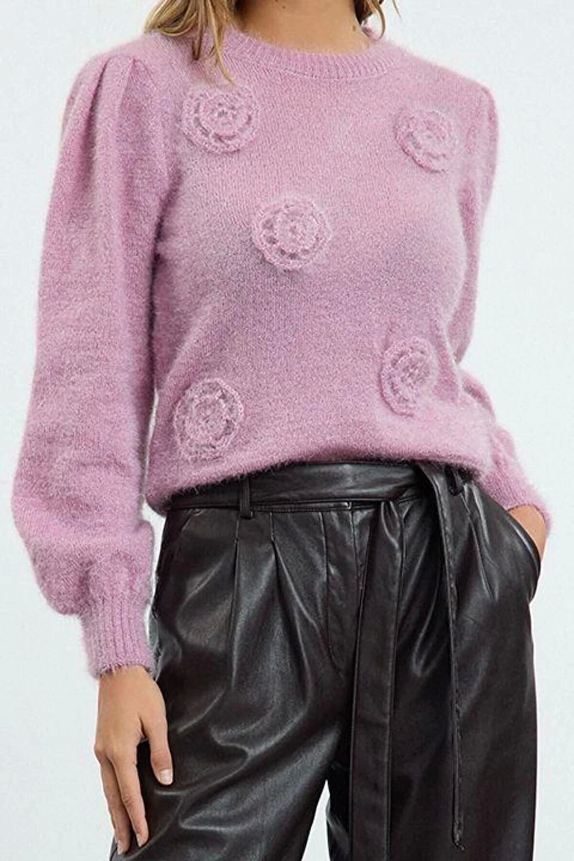 Stil Modern Kadın Regular Standart Kol Bisiklet Yaka Tüylü Çiçek İşlemeli Triko Kazak