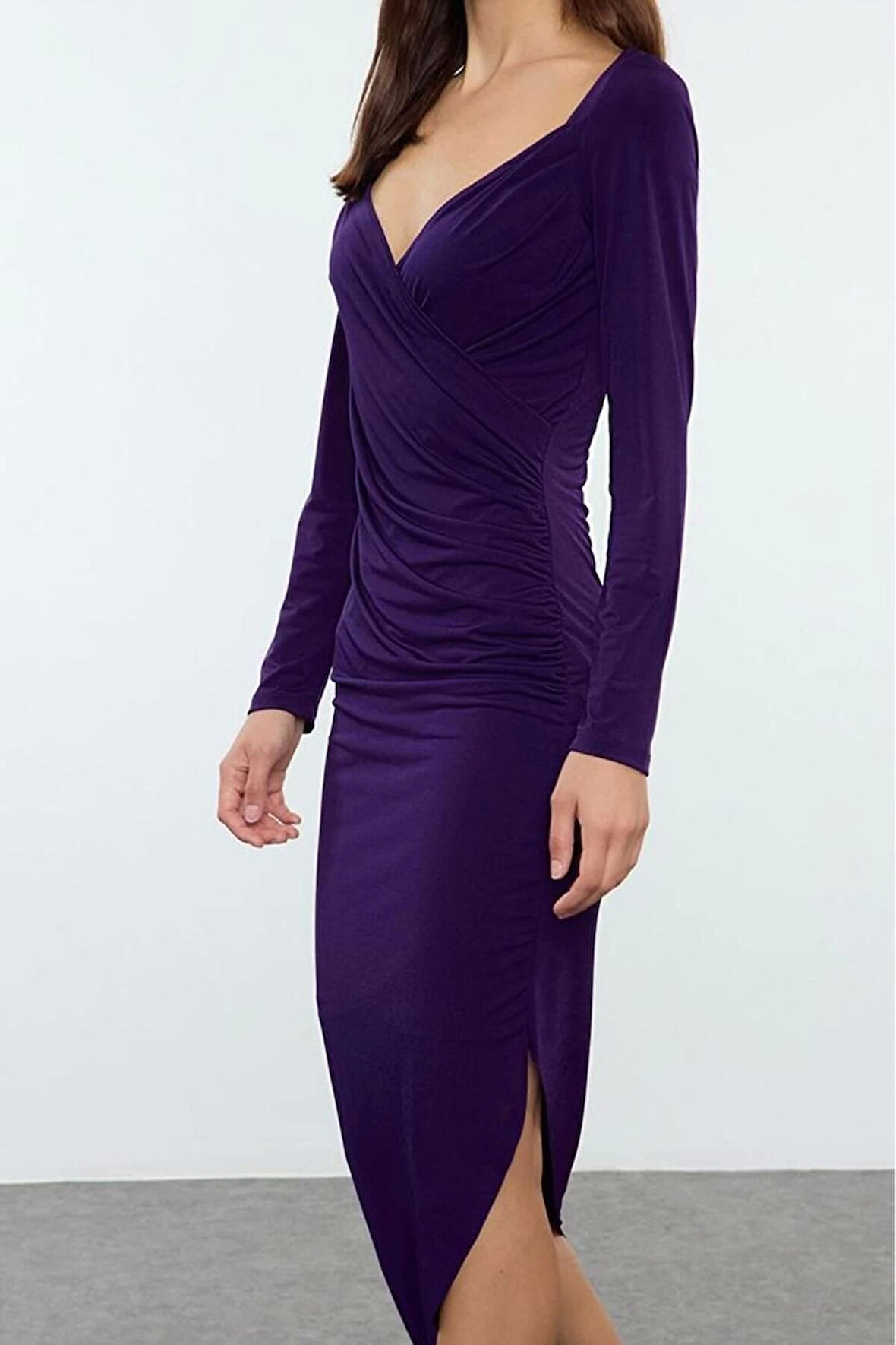 Moda Stil Slim Kalp Yaka Midi Boy Düz Büzgü Drapeli Asimetrik Fitted Vücuda Oturan Örme Elbise