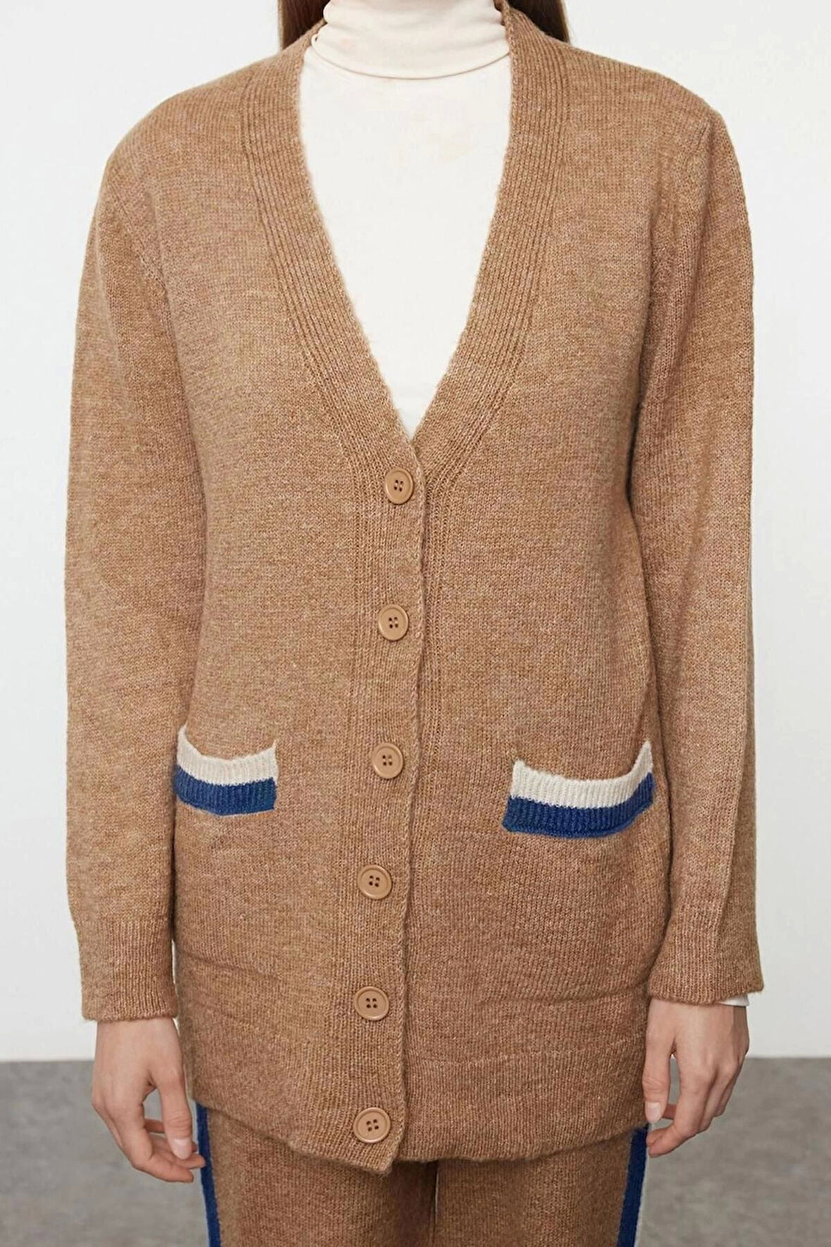 Tarz Kadın Modern Moda Normal Bel Boru Paça V Yaka Fitted Triko Alt-Üst Takım