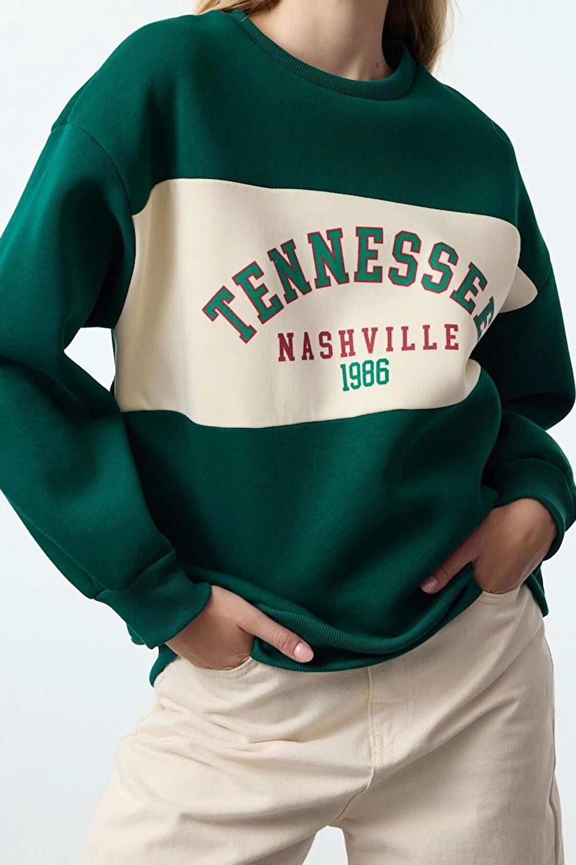 Tarz Bol Bisiklet Yaka Düşük Kol Uzun Slogan Baskılı Kalıp Kalın İçi Polarlı Örme Sweatshirt