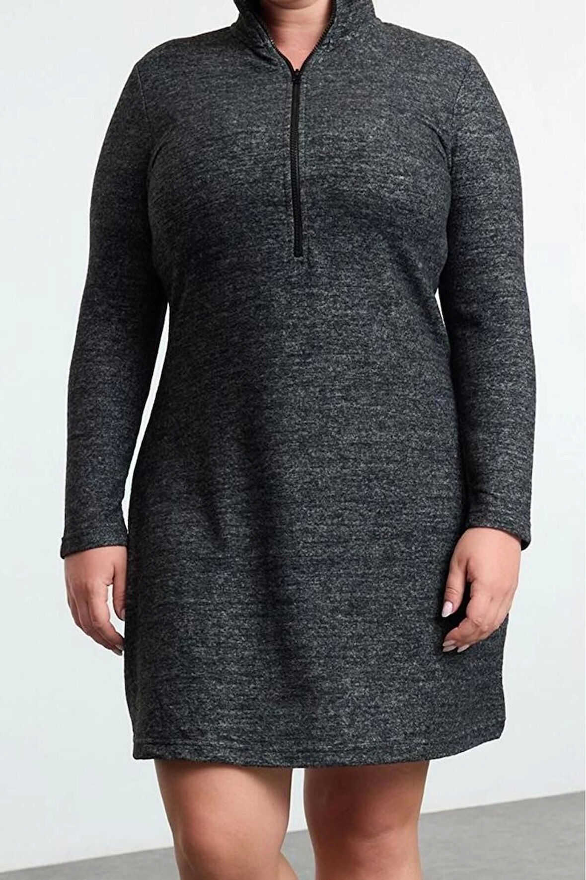 Moda Stil Relaxed Dik Yaka Mini Boy Büyük Beden Yakası Femuarlı Örme Elbise