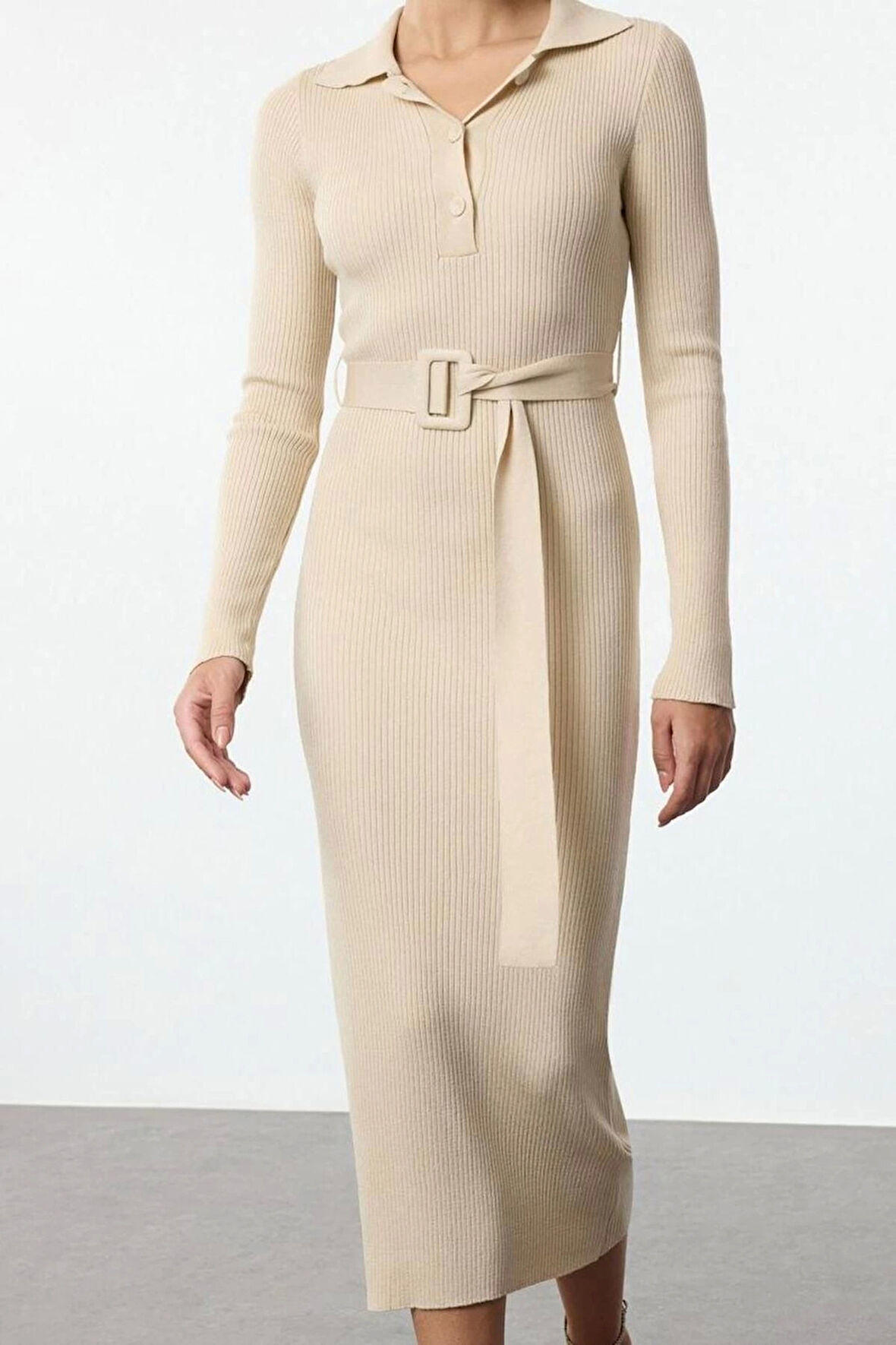 Moda Stil Regular Polo Yaka Midi Boy Kuşaklı Triko Elbise