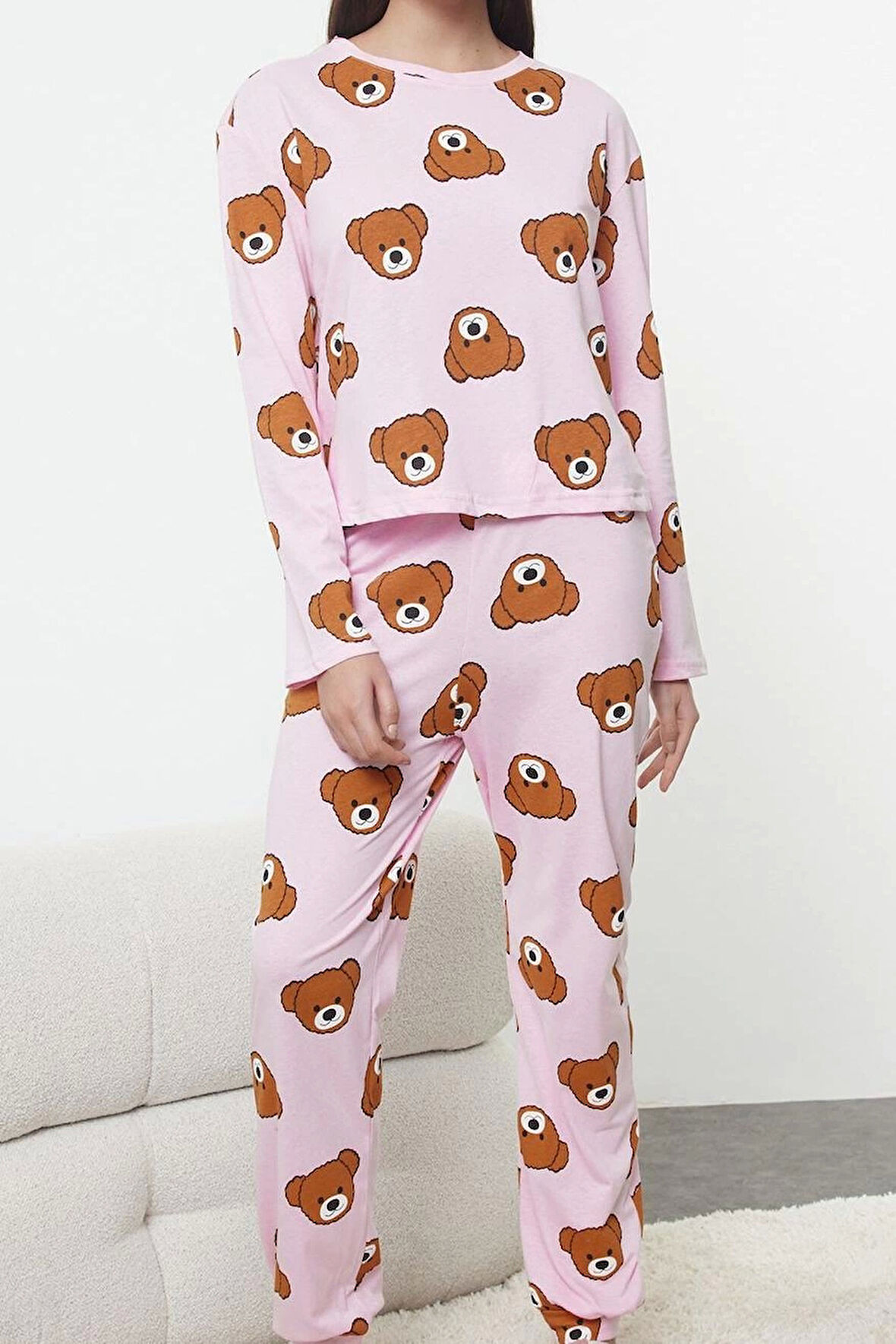 Tarz Rahat Uzun Kollu Boru Paça %100 Pamuklu Ayıcık Desenli Örme Pijama Takımı