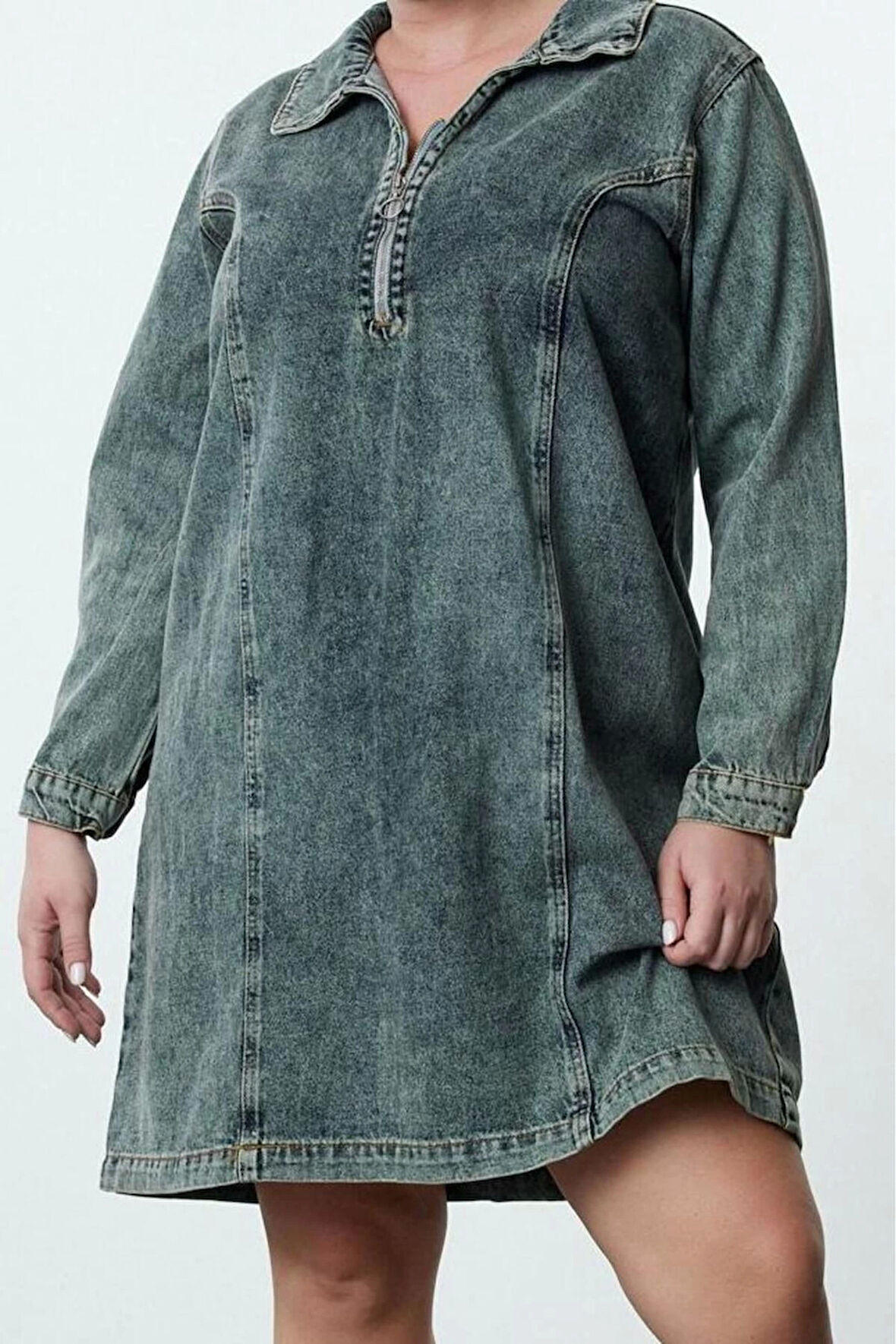 Moda Stil Denim Gömlek Yaka Mini Boy Büyük Beden Rigid Büyük Beden Elbise