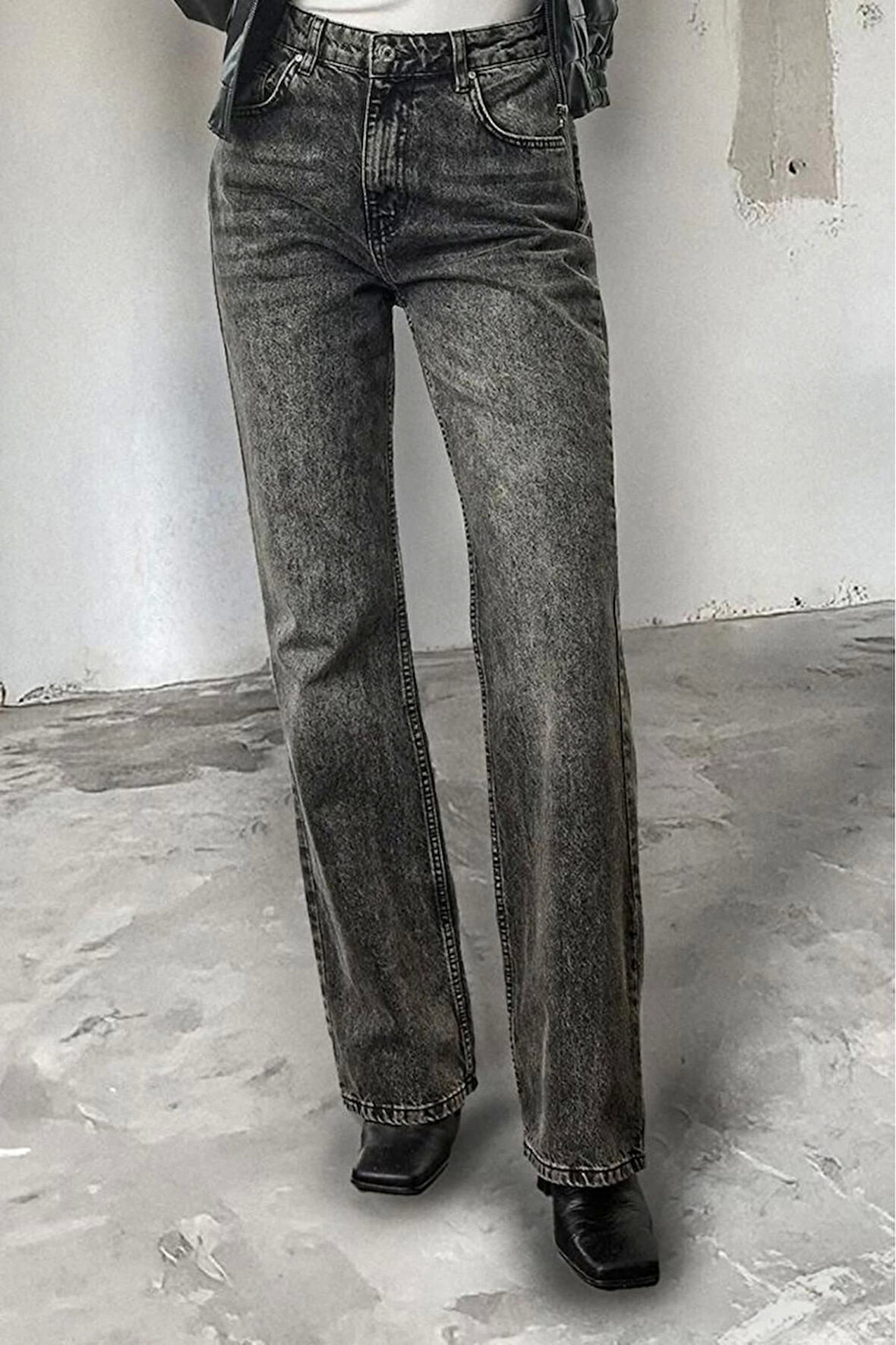 Stil Kadın Moda Denim Kot Pantolon Uzun Geniş Paça Antrasit Yüksek Bel Jeans