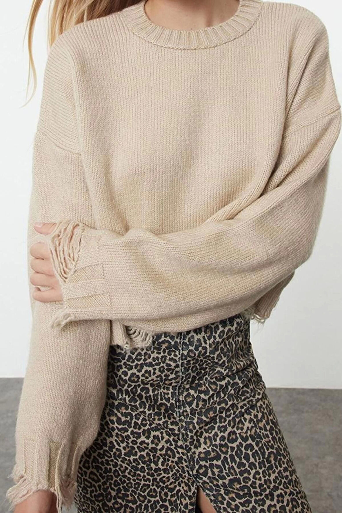 Stil Modern Kadın Crop Düşük Kol Bisiklet Yaka Süper Geniş Kalıp Yumuşak Dokulu Triko Kazak