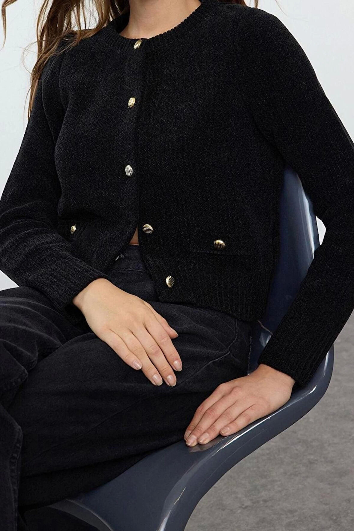 Kadın Modern Tarz Regular Bisiklet Yaka Crop Triko Hırka