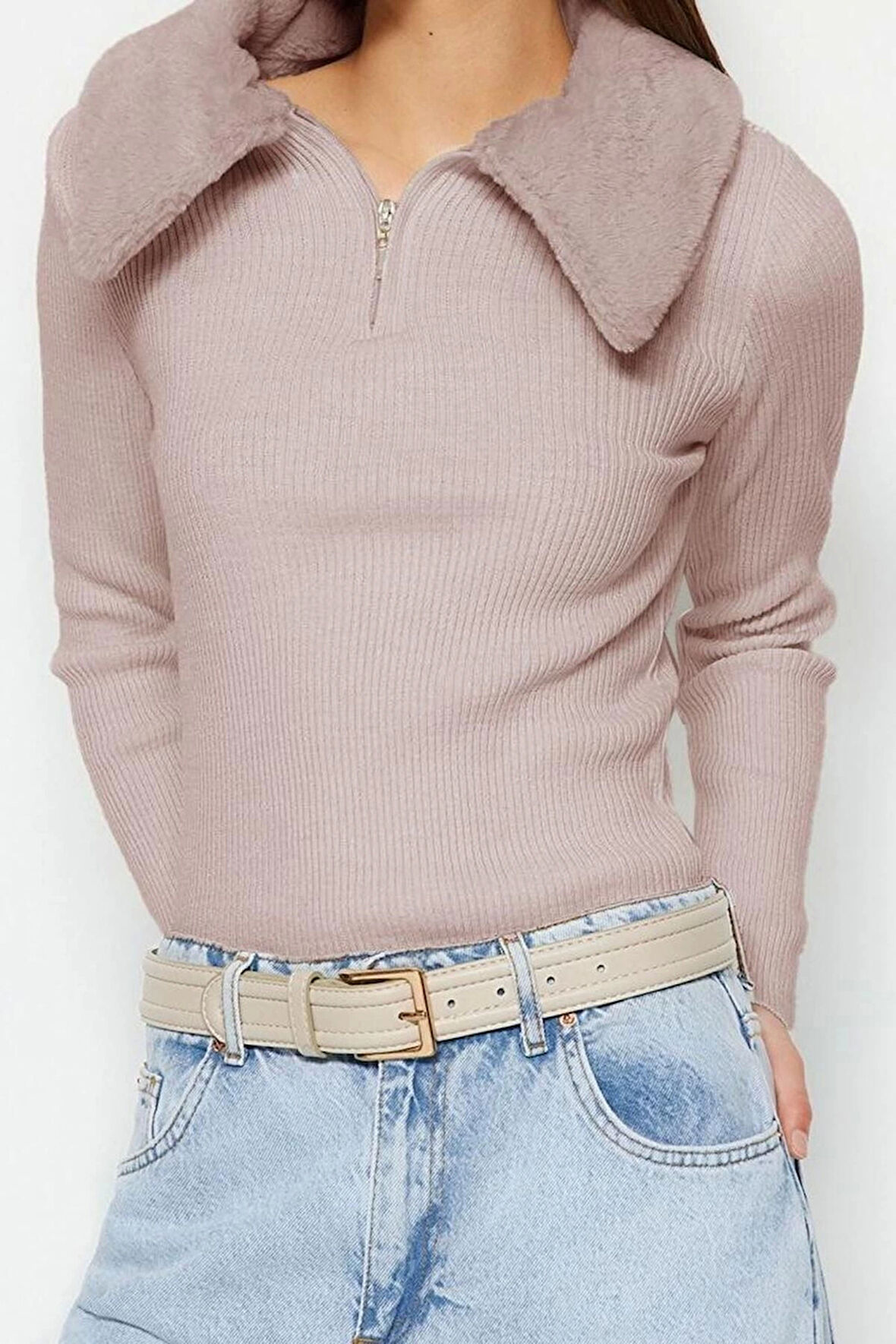 Stil Modern Kadın Regular Standart Kol Polo Yaka Suni Kürk Detaylı Triko Kazak