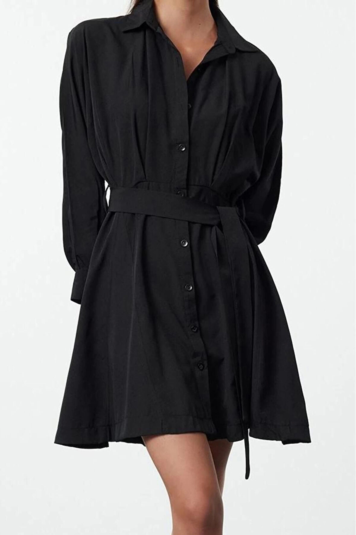 Moda Stil Regular Gömlek Yaka Mini Boy Kuşaklı Çizgili Dokuma Gömlek Elbise