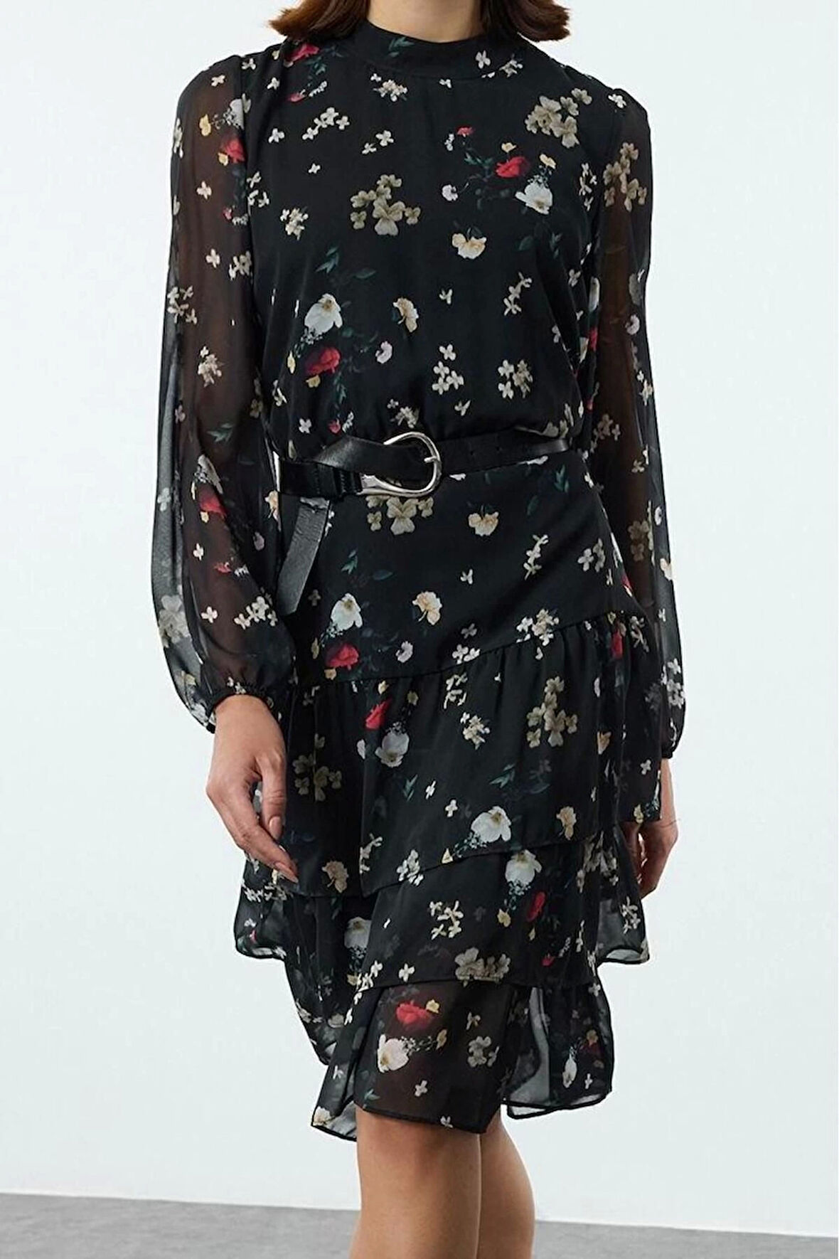 Moda Stil Regular Bisiklet Yaka Midi Boy Volanlı Dokuma Kışlık Elbise