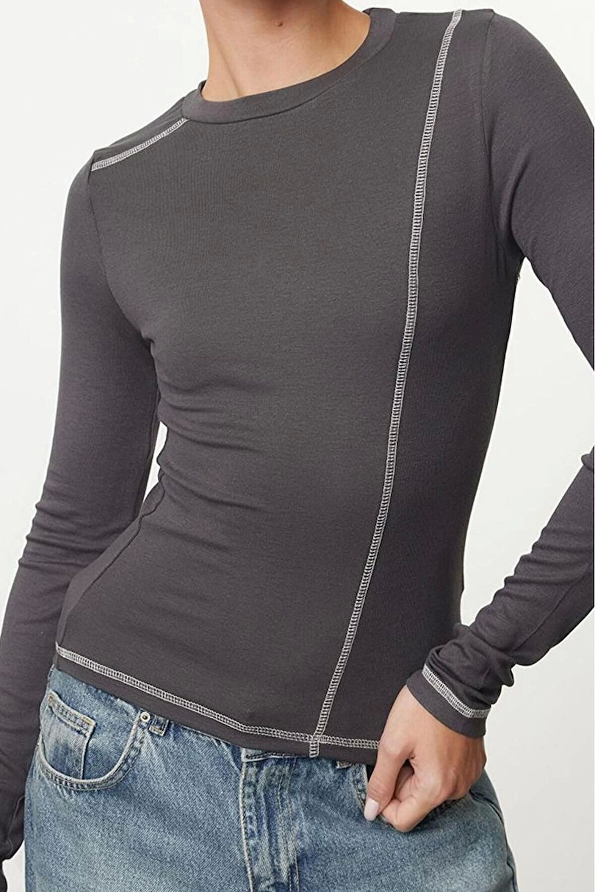 Stil Kadın Fitted Vücuda Oturan Karyoka Dikiş Detaylı Esnek Bluz Regular Örme Slim Kalıp
