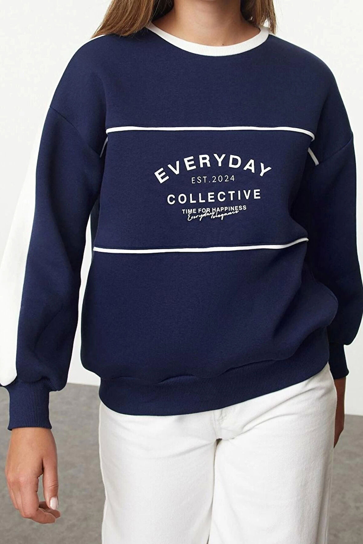 Bol Bisiklet Yaka Düşük Kol Uzun Slogan Baskılı Geniş Kalıp Kalın İçi Polarlı Örme Sweatshirt