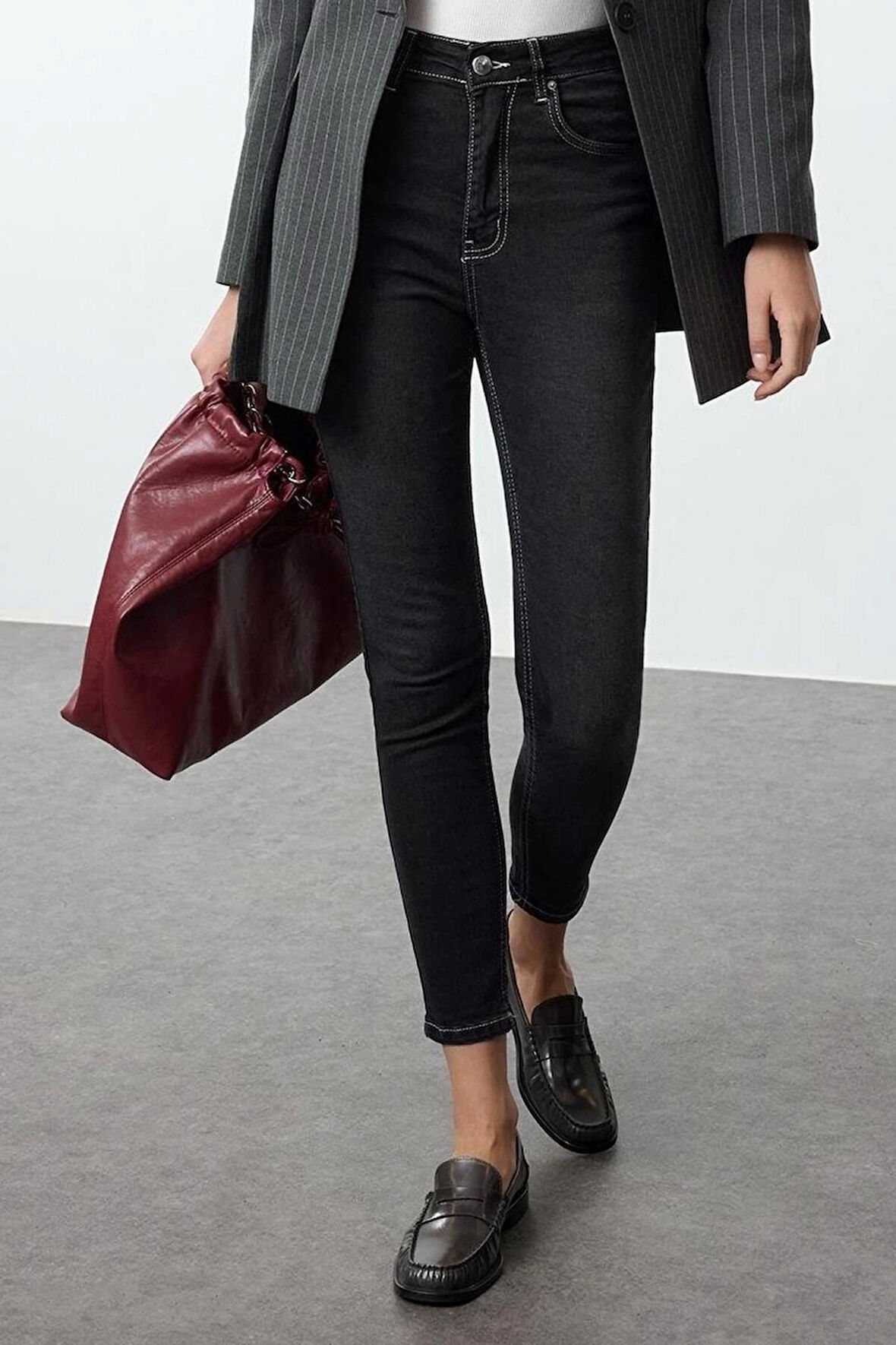 Stil Kadın Moda Denim Kot Pantolon Uzun Boru Paça Mavi Yüksek Bel Skinny Jeans