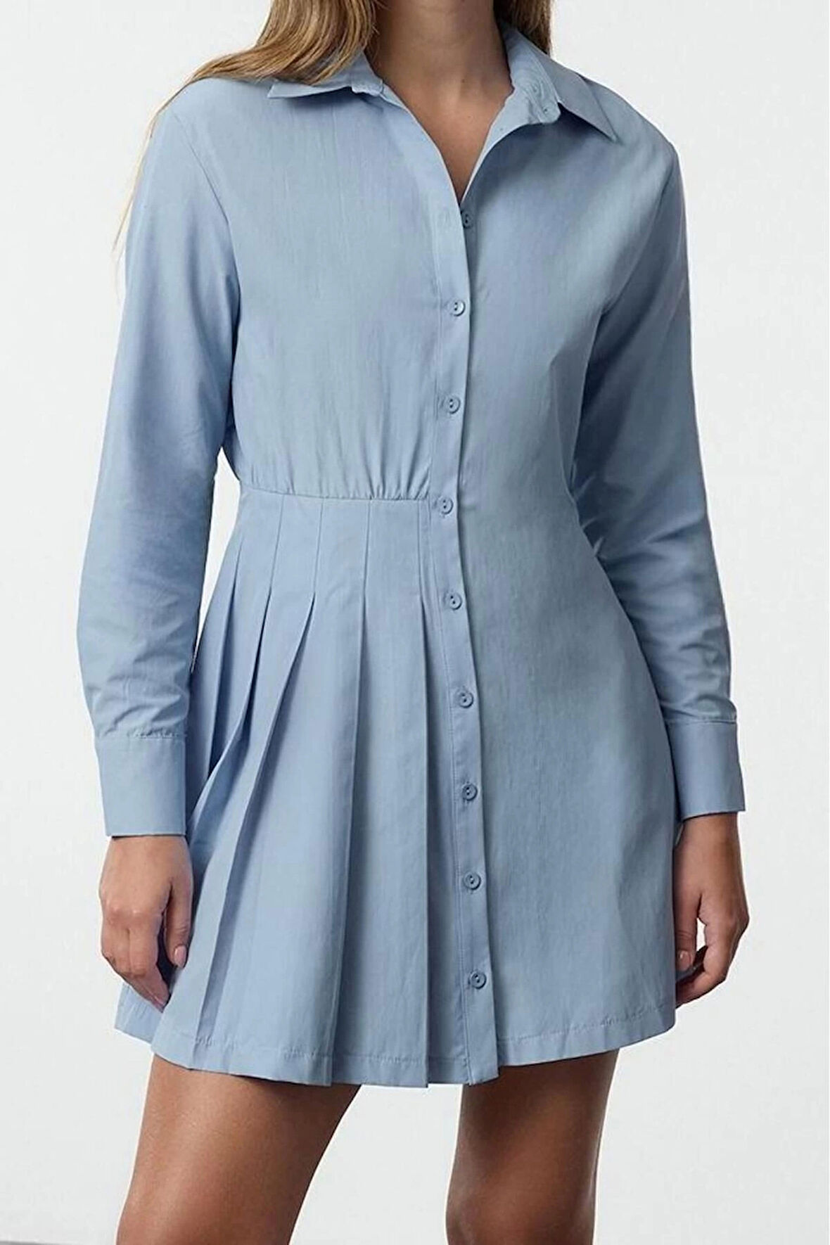 Moda Stil Regular Gömlek Yaka Mini Boy Pili Detaylı Düz Dokuma Gömlek Elbise