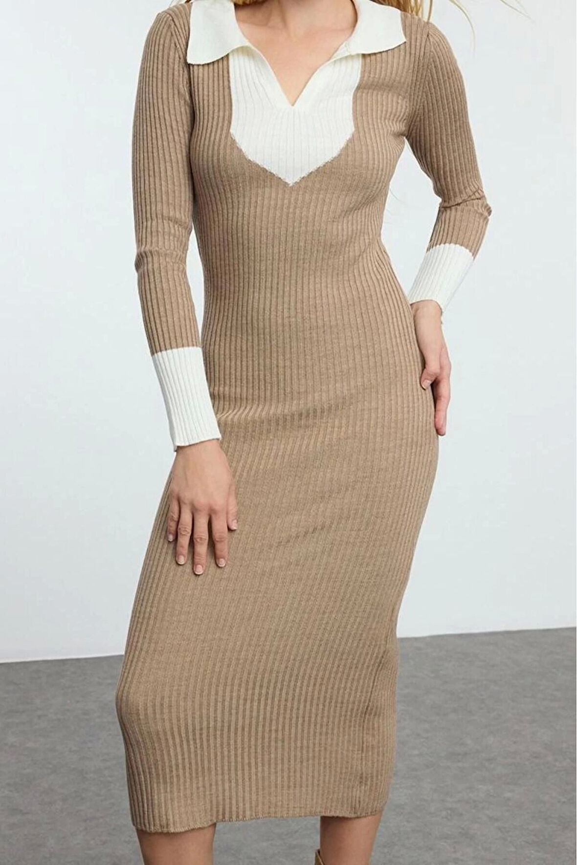 Moda Stil Slim Polo Yaka Midi Boy Triko Renk Bloklu Elbise