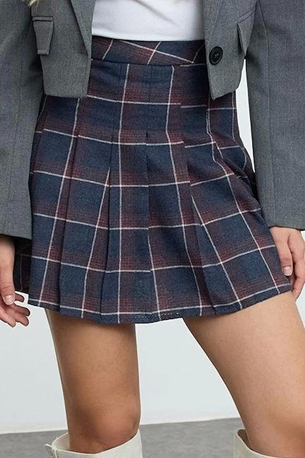 Modern Tarz Astarsız Dokuma Mini Boy Pilise Detaylı Ekose Desen Mini Boy Etek