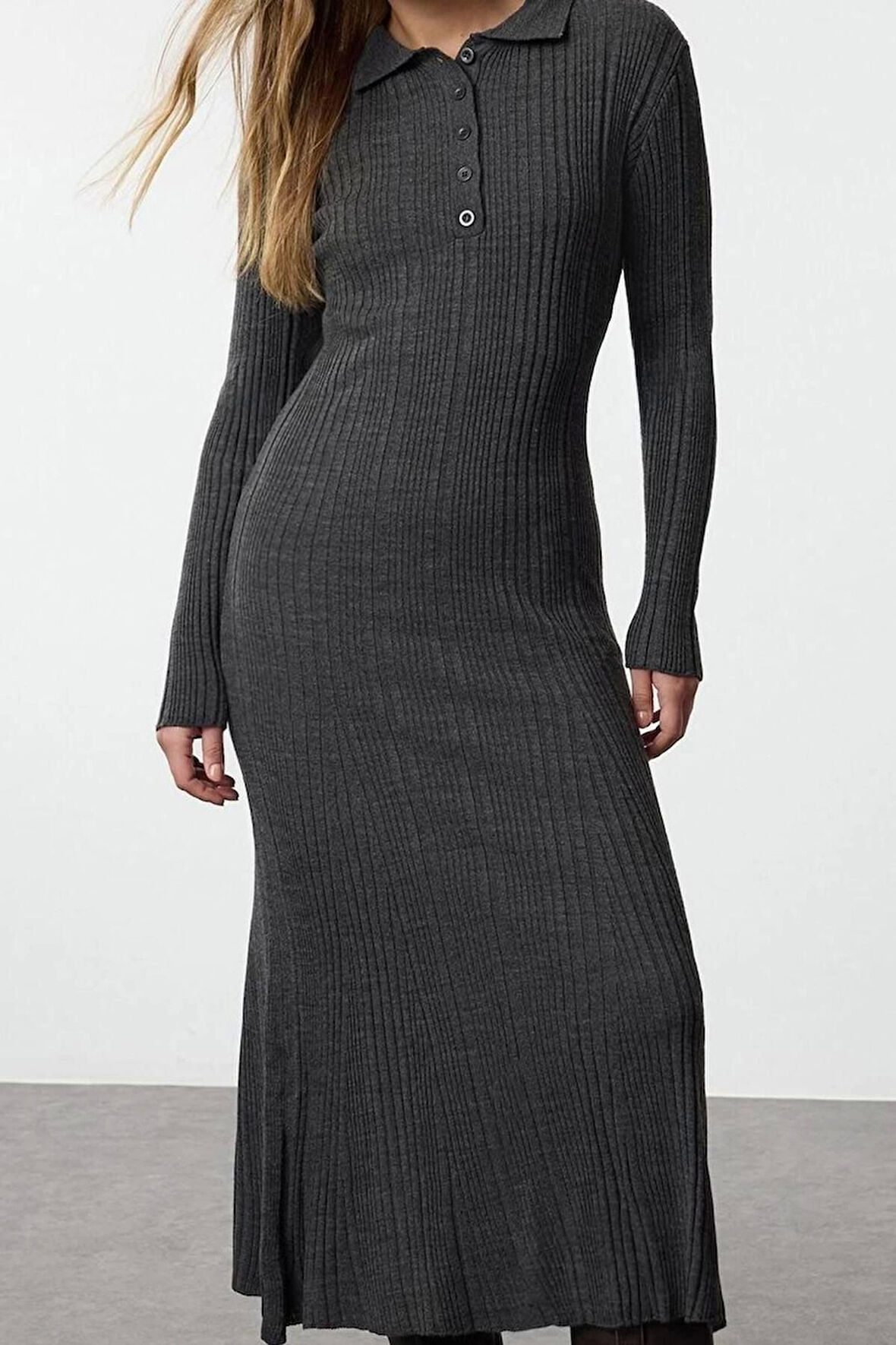 Moda Stil Fitted Polo Yaka Maxi Boy Tesettür Ribana Triko Elbise