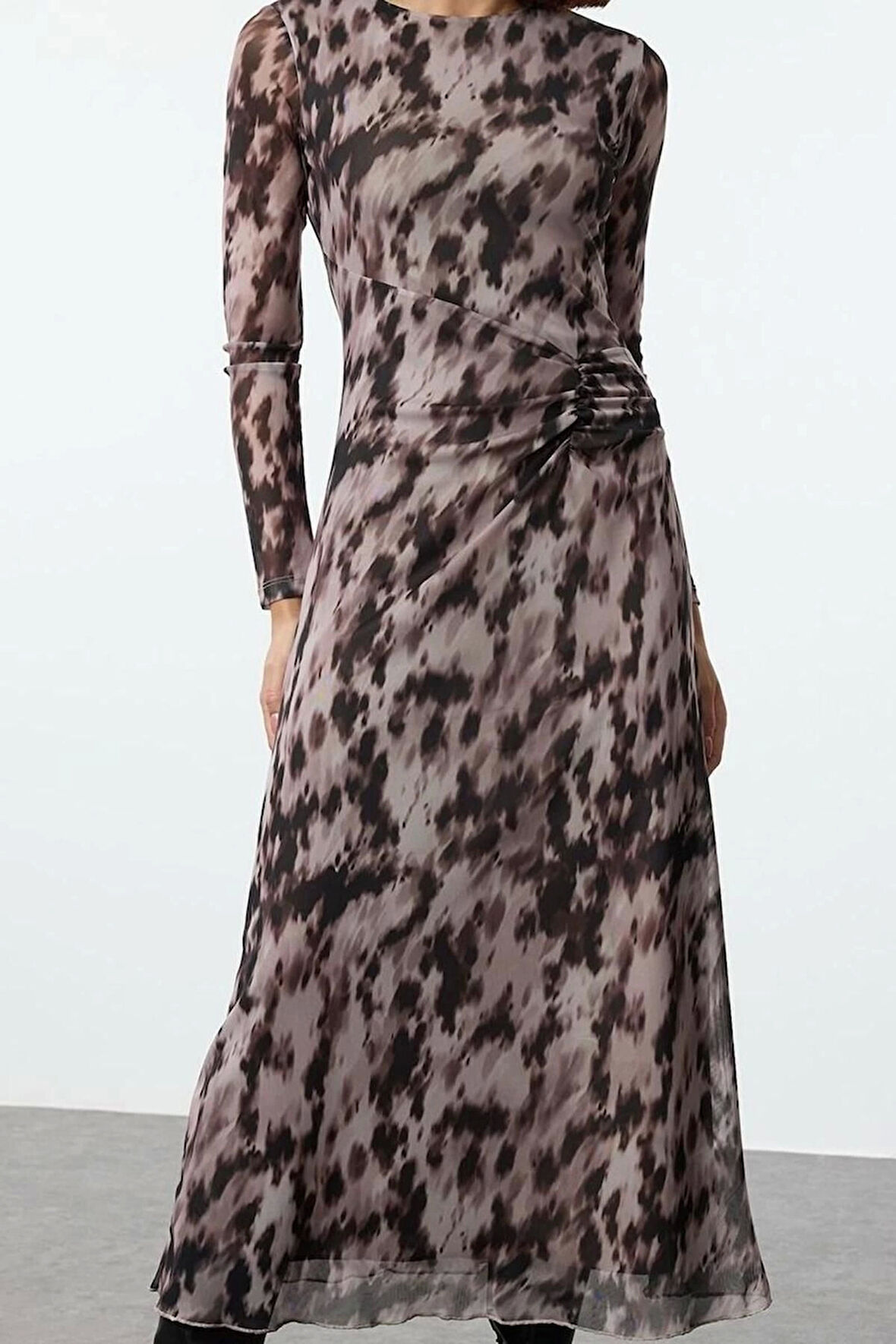 Moda Stil Regular Bisiklet Yaka Maxi Boy Baskılı Büzgü Drape Örme Elbise